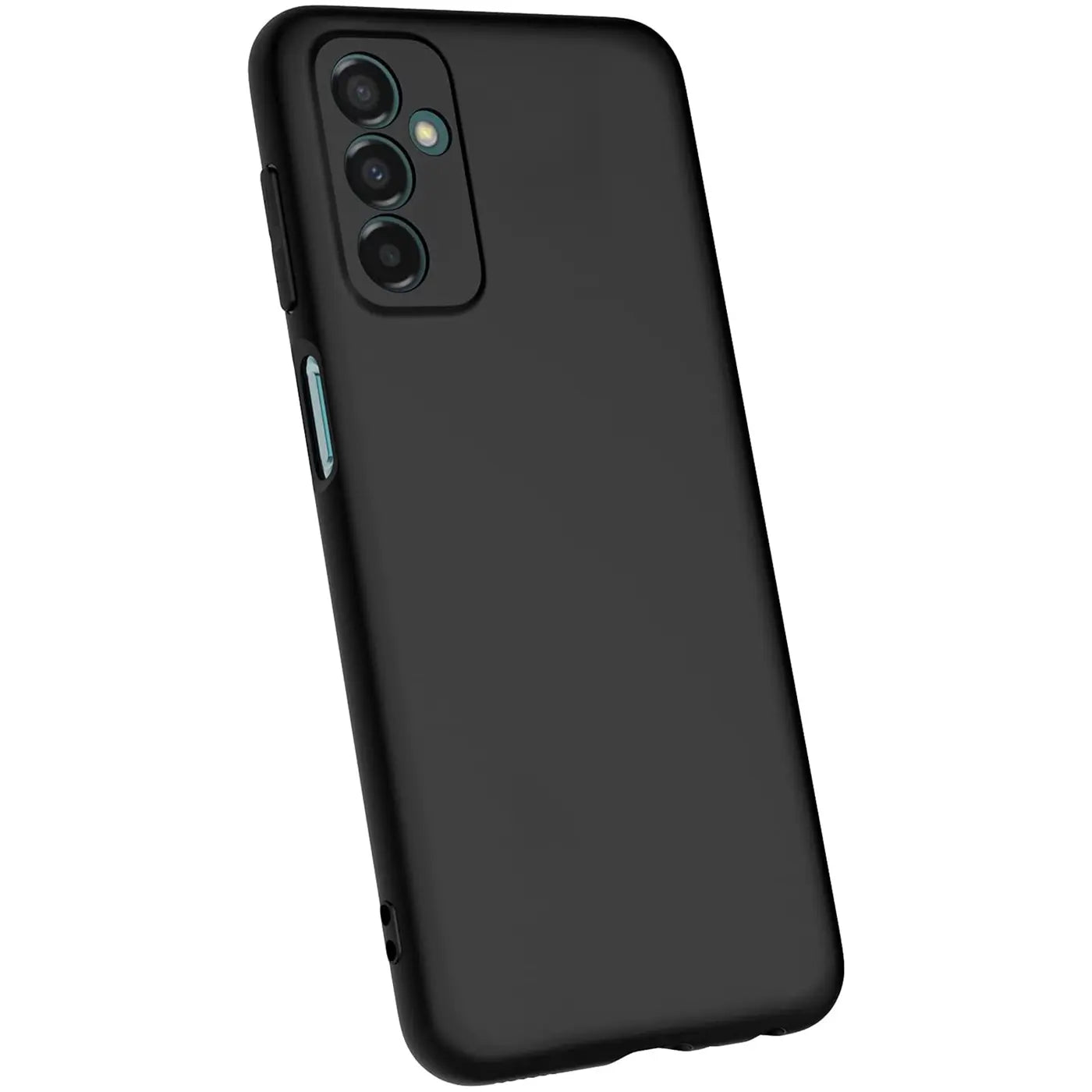 Schwarze, matte Silikonhülle für Samsung Galaxy M23 5G / M13, von schräg oben.