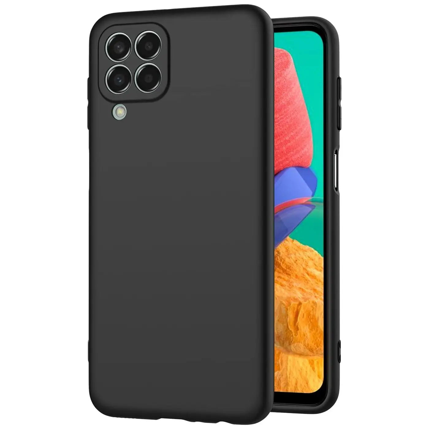 Schwarze Silikonhülle für Samsung Galaxy M33 5G, von hinten, matt, mit Kameraöffnung.