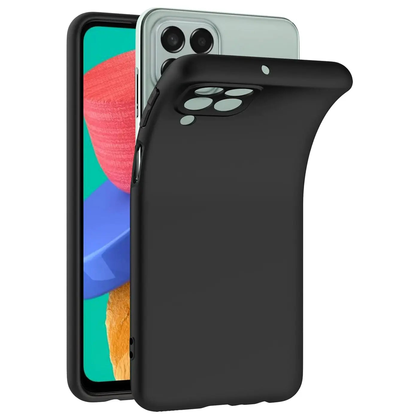Schwarze Silikonhülle, matt, von vorne links, zeigt Samsung Galaxy M33 5G.