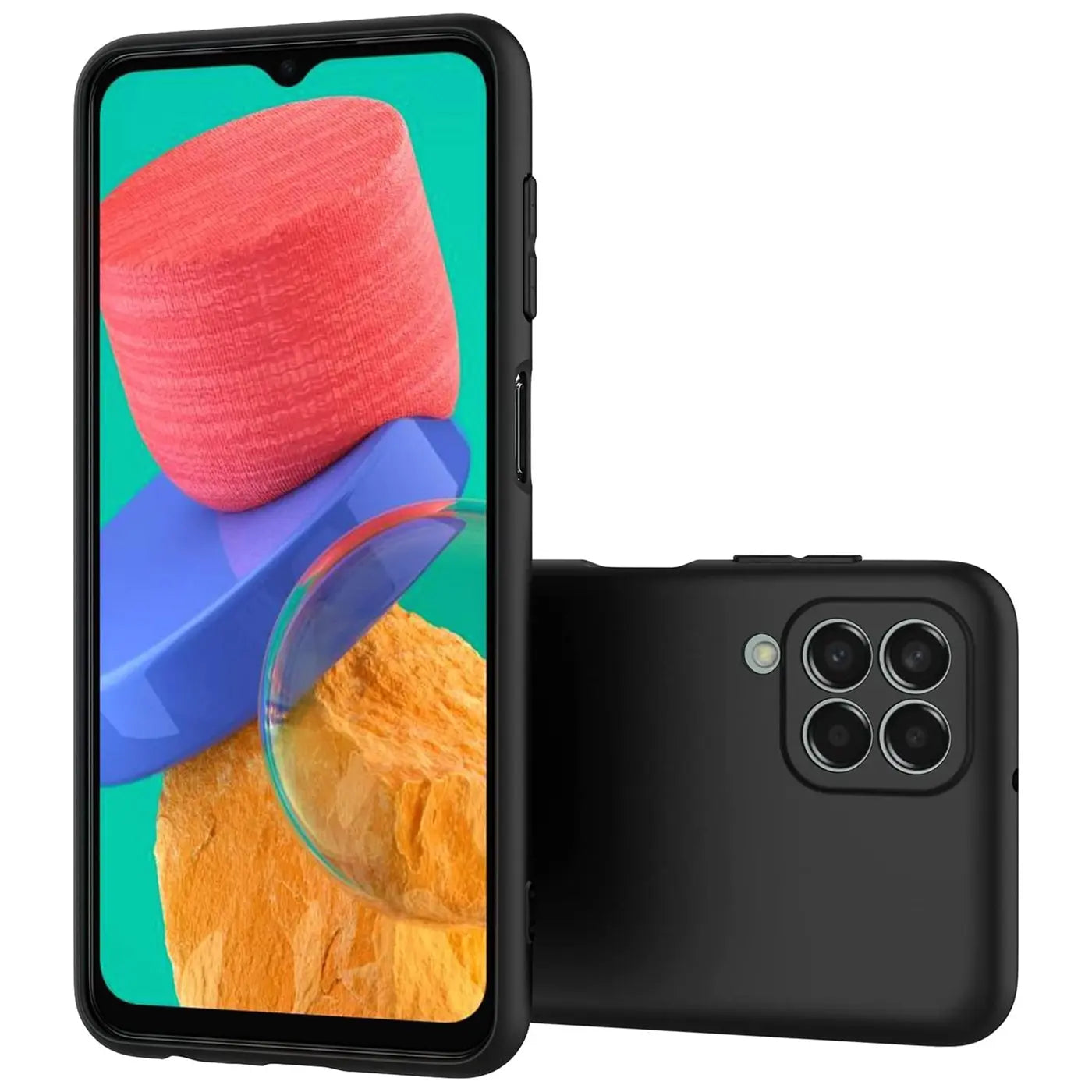Schwarze Silikonhülle für Samsung Galaxy M33 5G, matt, von vorne und hinten gezeigt.