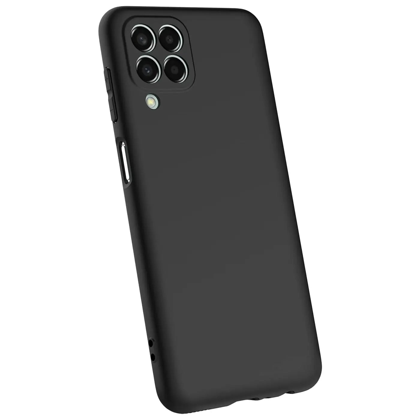 Schwarze Silikonhülle für Samsung Galaxy M33 5G, matt, von vorne links gesehen.
