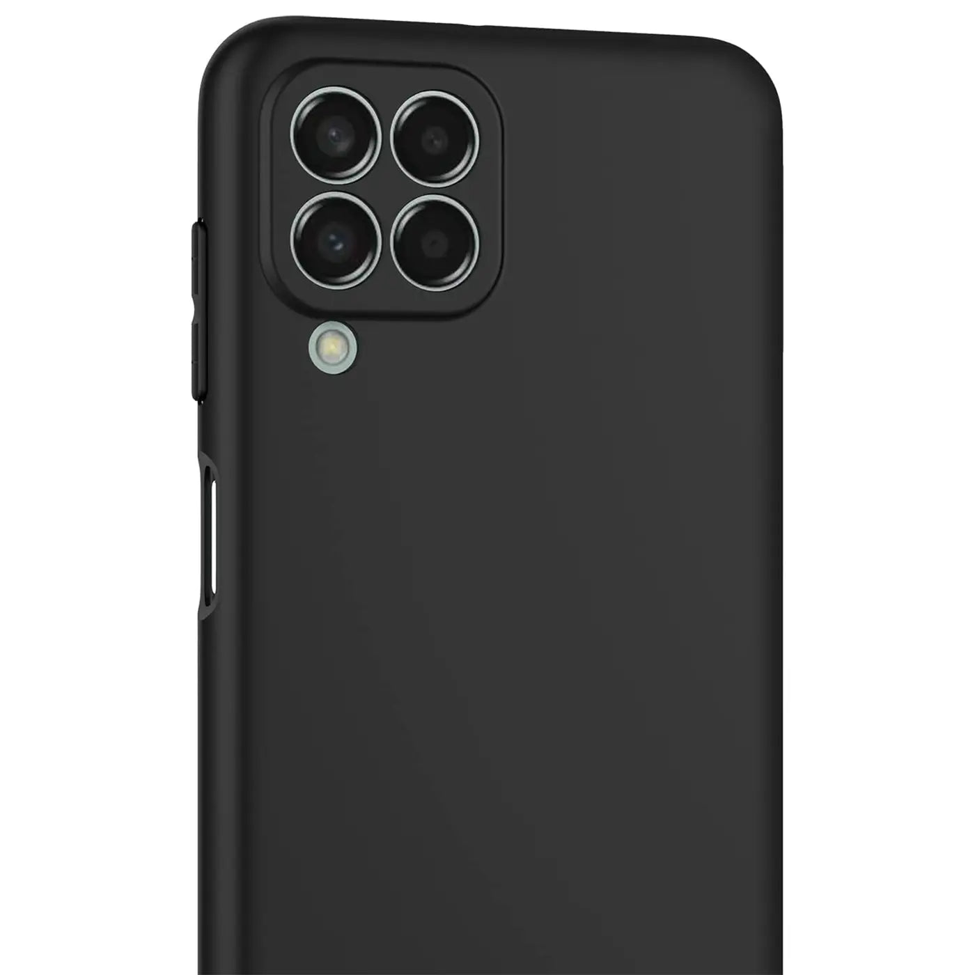 Schwarze Silikonhülle, Rückansicht, Samsung Galaxy M33 5G mit vier Kameras.