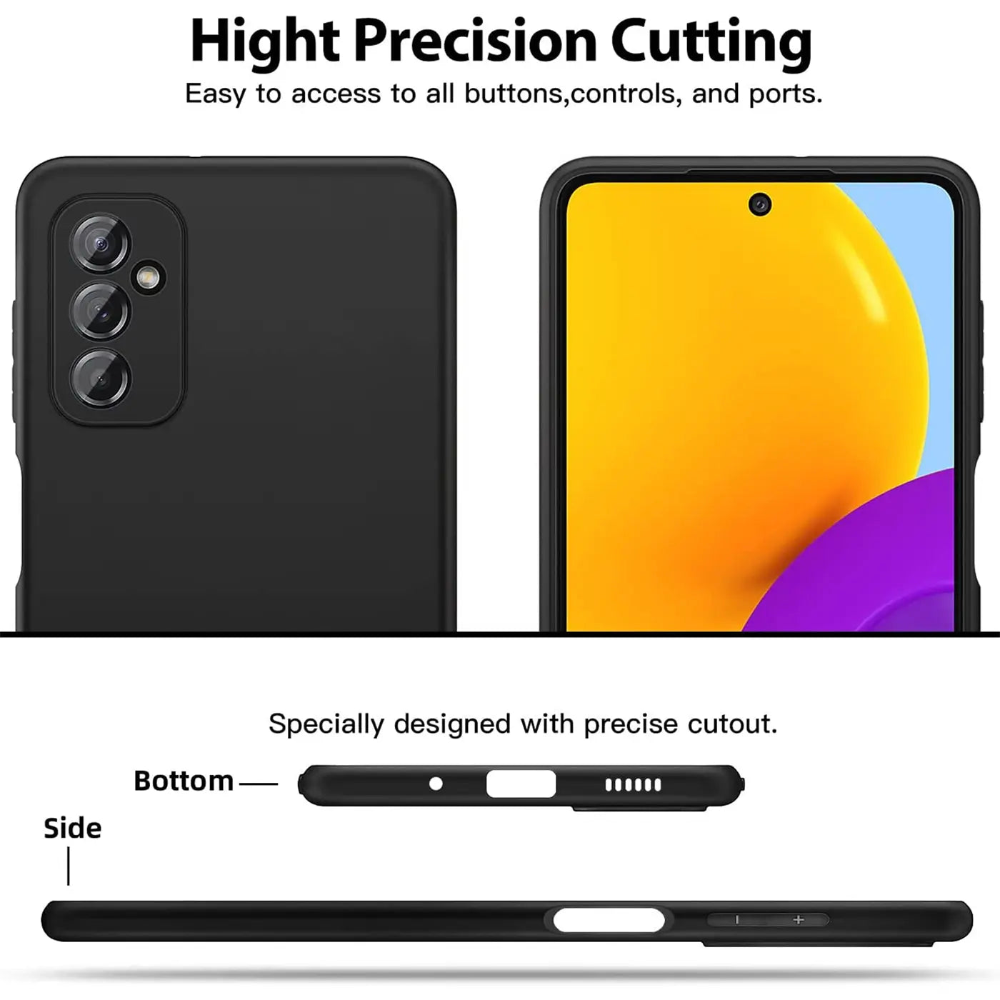 Schwarze Silikonhülle, Rückseite und Vorderseite eines Samsung Galaxy M52 5G, Seitenansicht.