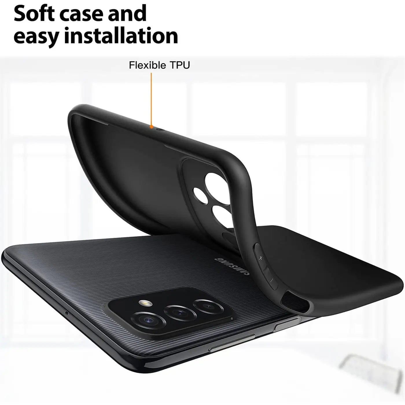 Schwarze, matte Silikonhülle für Samsung Galaxy M52 5G, von oben gezeigt.
