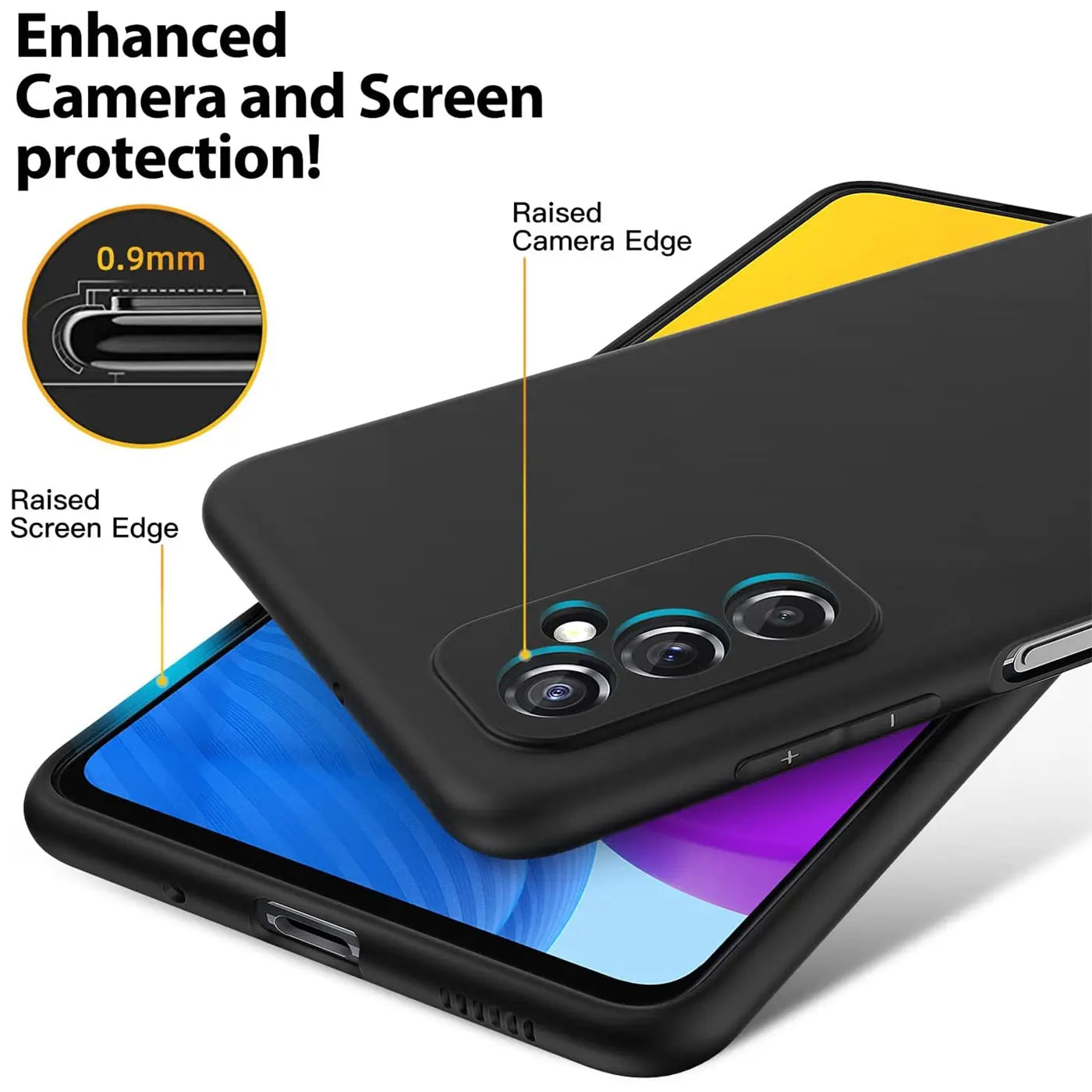 Schwarze Silikonhülle auf Samsung Galaxy M52 5G, Seitenansicht, Nahaufnahme.
