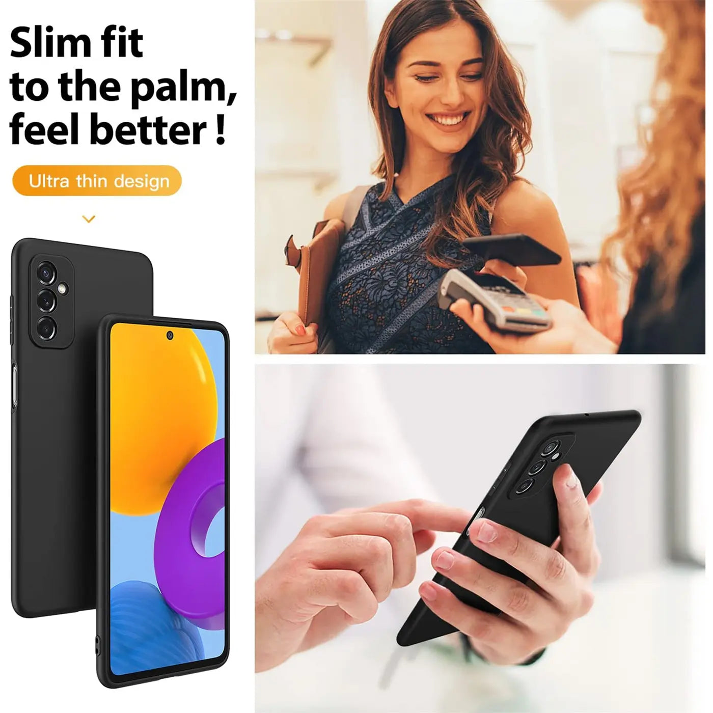 Schwarze Silikonhülle für Samsung Galaxy M52 5G, von vorne und hinten gezeigt.