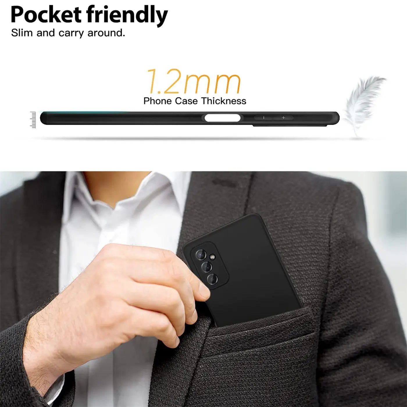Schwarze Silikonhülle für Samsung Galaxy M52 5G wird in eine Sakko-Tasche gesteckt.