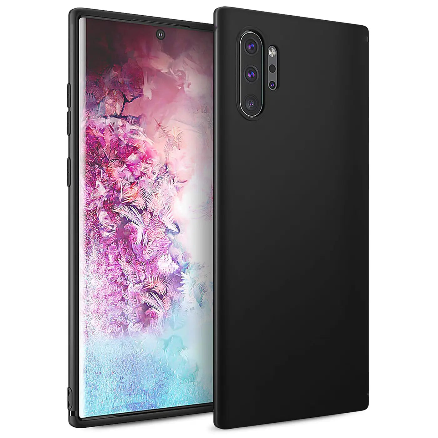 Schwarze Silikonhülle matt, von schräg vorne, auf Samsung Galaxy Note 10 Plus