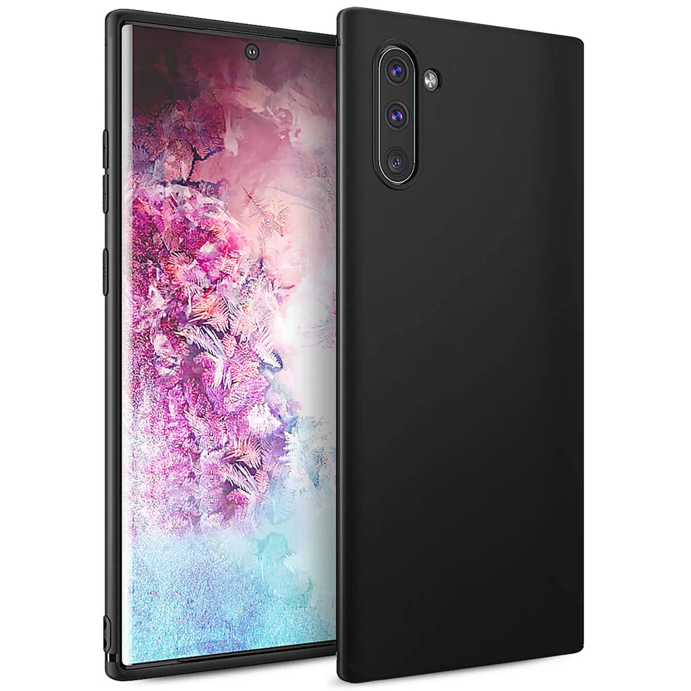Schwarze Silikonhülle matt auf Samsung Galaxy Note 10, Rückansicht, Nahaufnahme