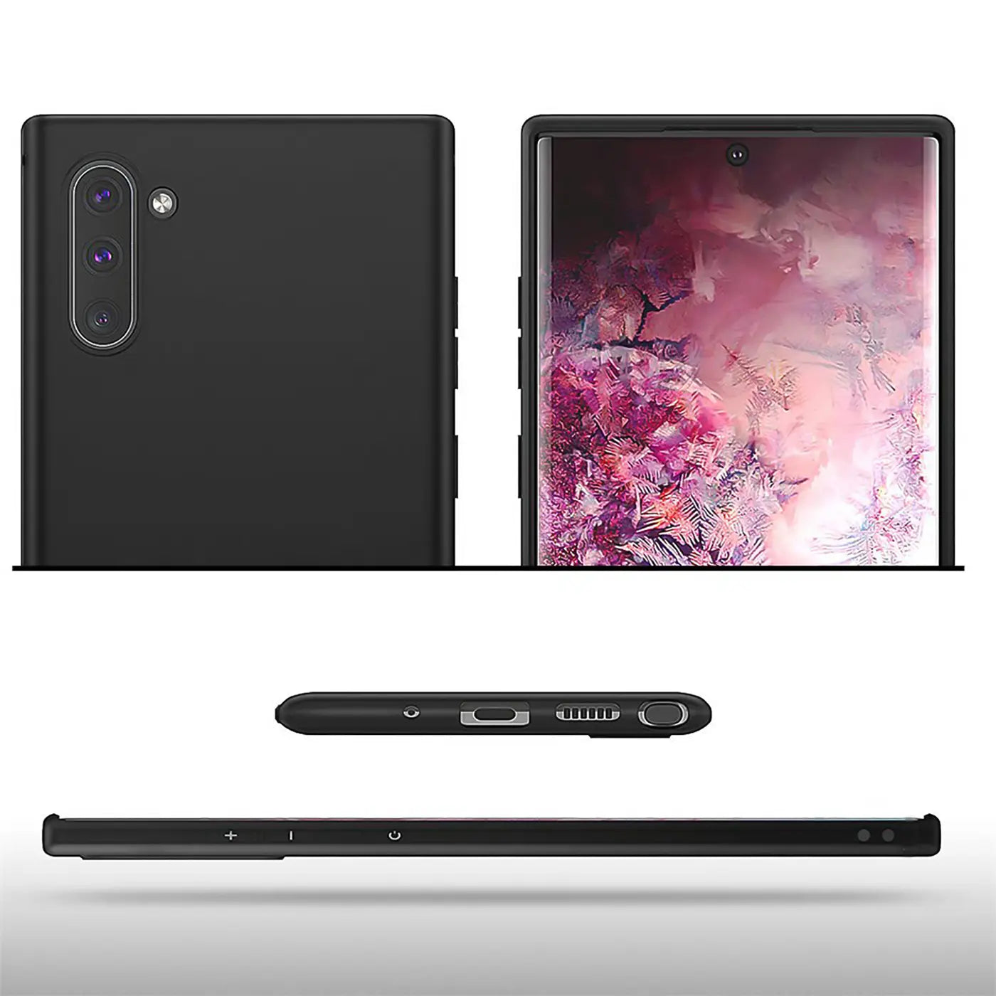 Schwarze Silikonhülle für Samsung Galaxy Note 10, Seitenansicht und Rückseite