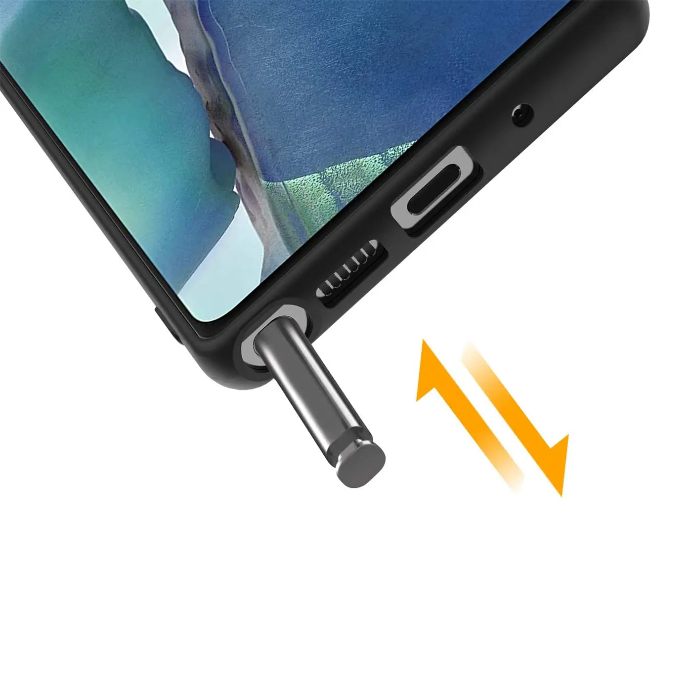 Schwarz matte Silikonhülle für Samsung Galaxy Note 20, Nahaufnahme des S Pen.