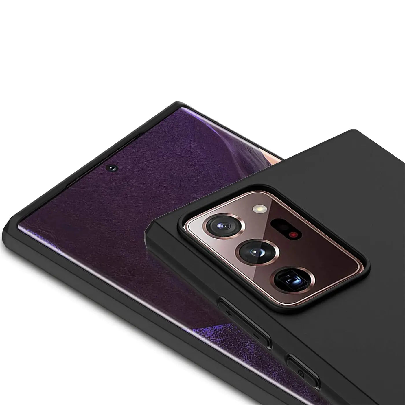 Schwarze Silikonhülle auf Samsung Galaxy Note 20 Ultra, Rückansicht, Nahaufnahme