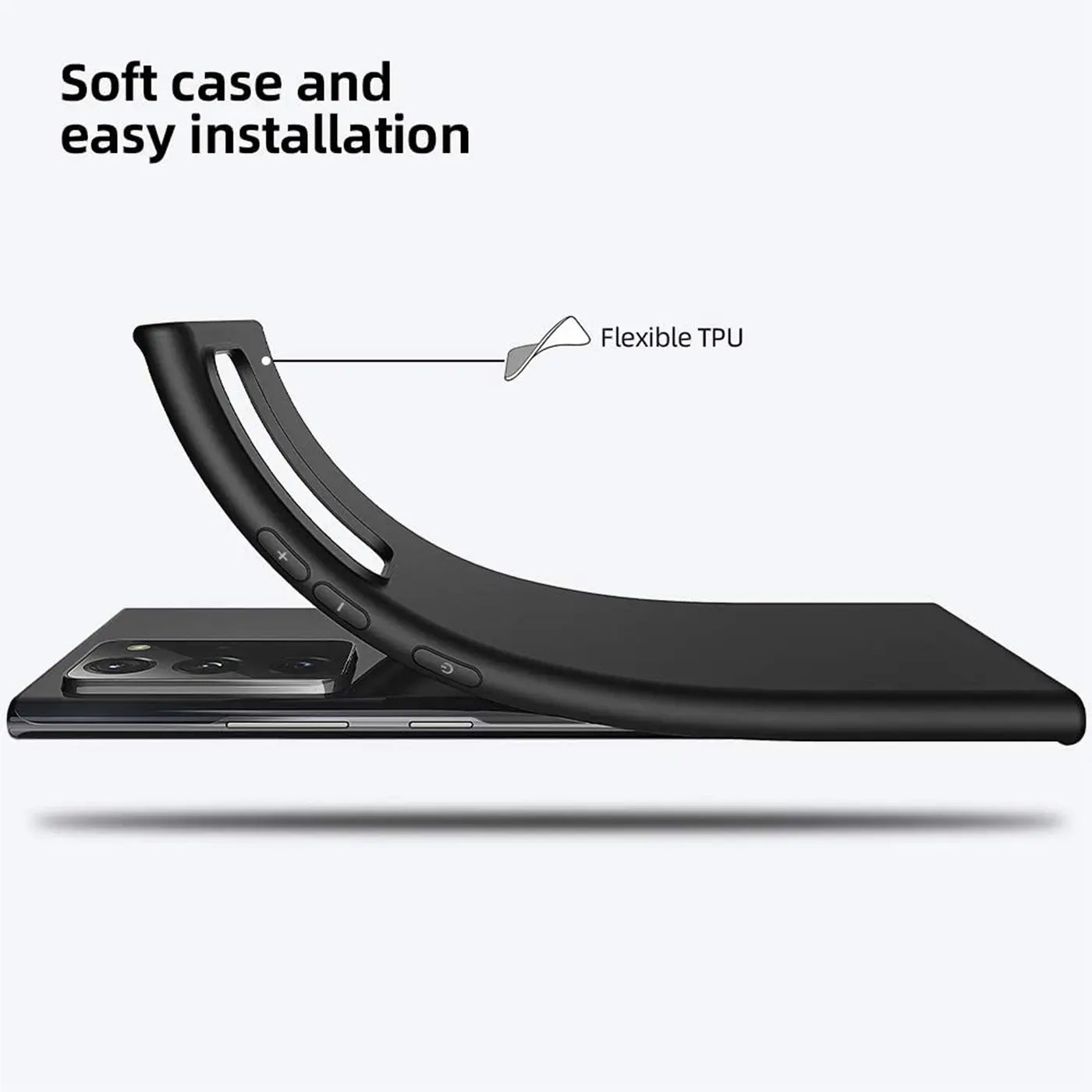 Schwarze, matte Silikonhülle, die sich über ein Samsung Galaxy Note 20 Ultra biegt.