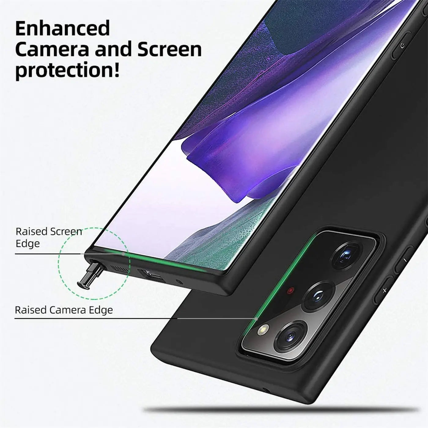 Schwarze Silikonhülle mit erhöhtem Rand für Samsung Galaxy Note 20 Ultra, Nahaufnahme.