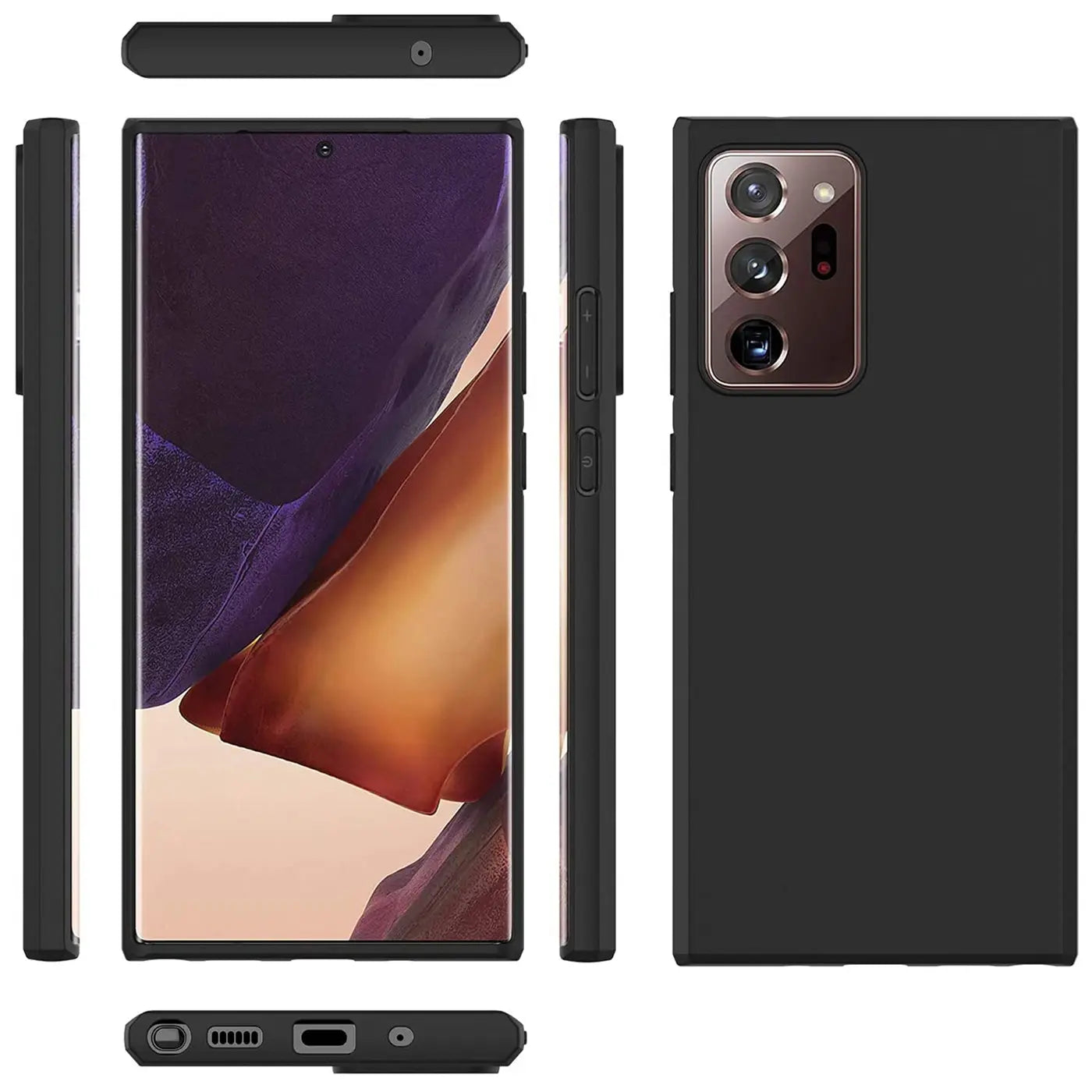 Schwarze Silikonhülle für Samsung Galaxy Note 20 Ultra, verschiedene Ansichten.