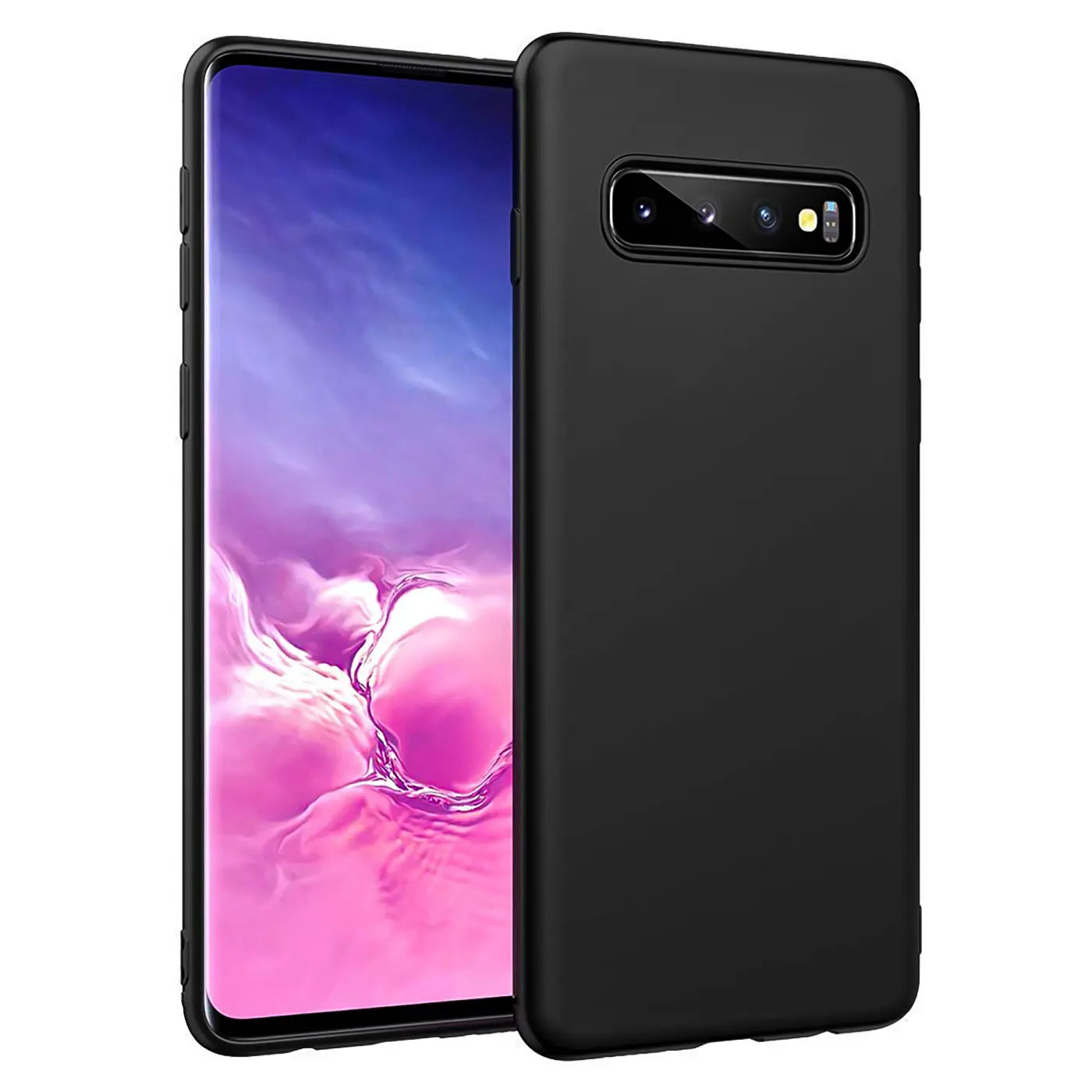 Schwarze Silikonhülle matt auf Samsung Galaxy S10 Plus, von schräg vorne