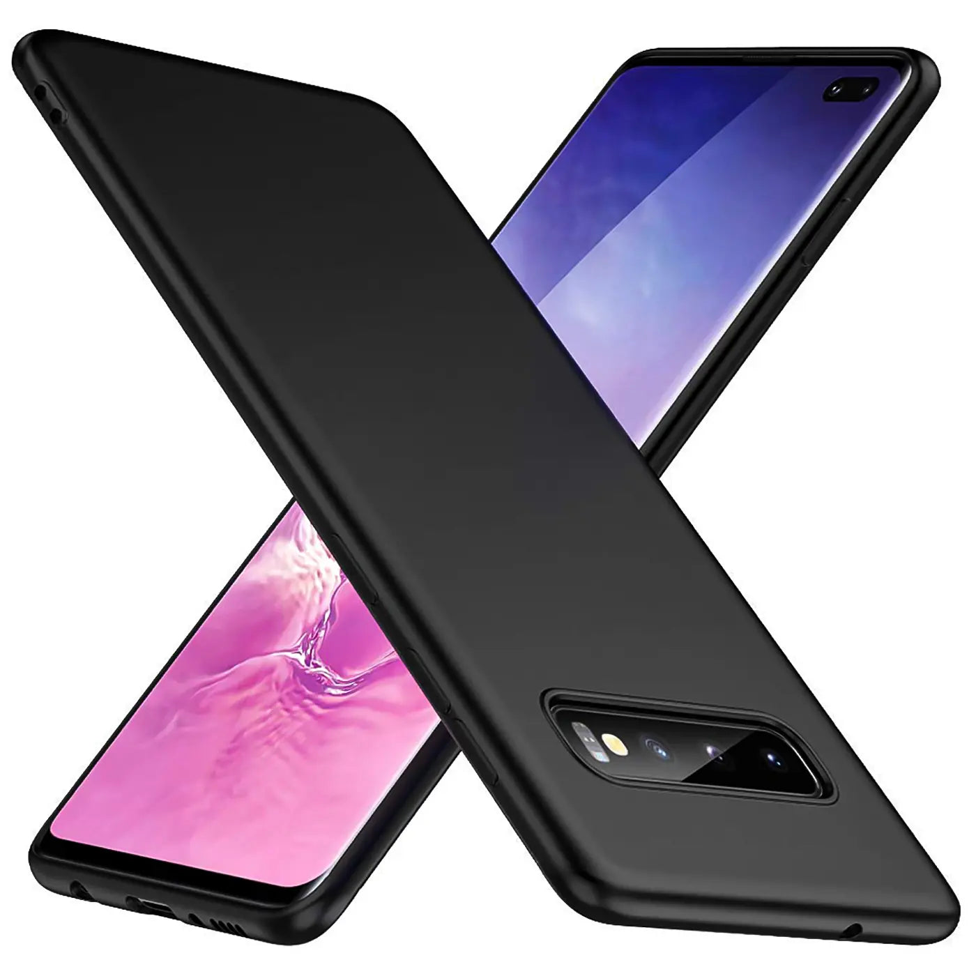 Schwarze Silikonhülle auf Samsung Galaxy S10 Plus, von schräg oben.