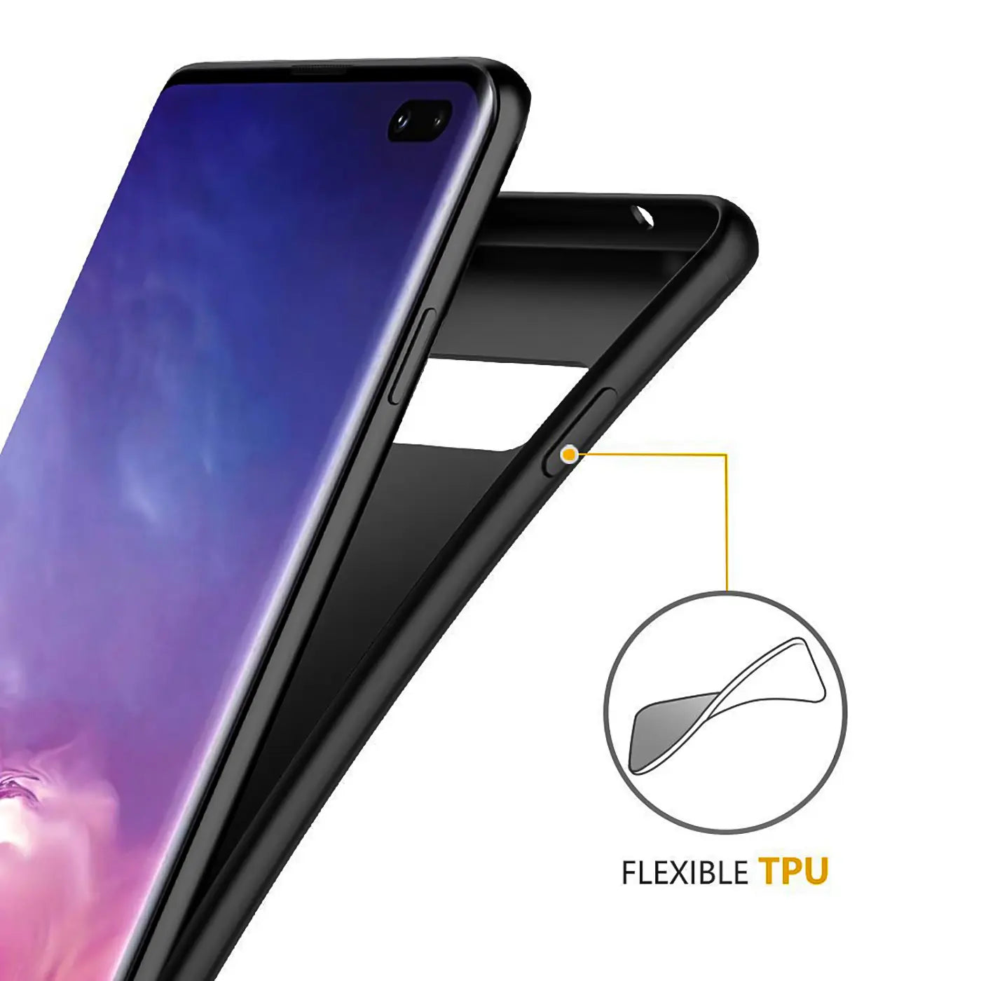 Schwarze Silikonhülle für Samsung Galaxy S10 Plus, von der Seite gezeigt, mit Detailbild von flexiblem TPU.