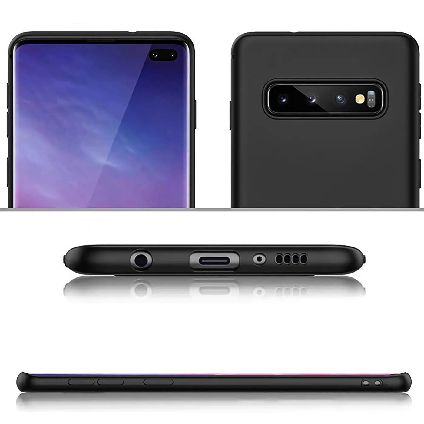 Samsung S10 Plus Hülle, schwarz matt, Silikon, Vorder-, Rück-, Unter- und Seitenansicht.