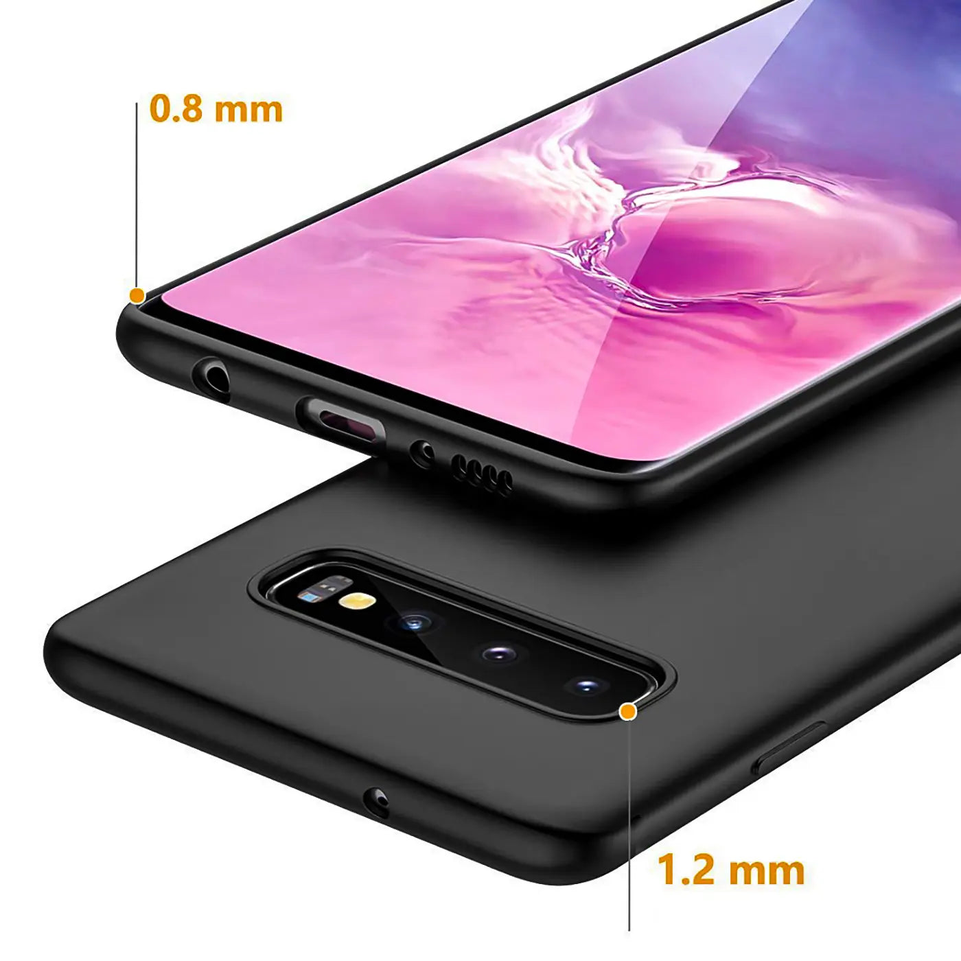 Schwarze Silikonhülle für Samsung Galaxy S10 Plus, matt, von oben und hinten gezeigt.