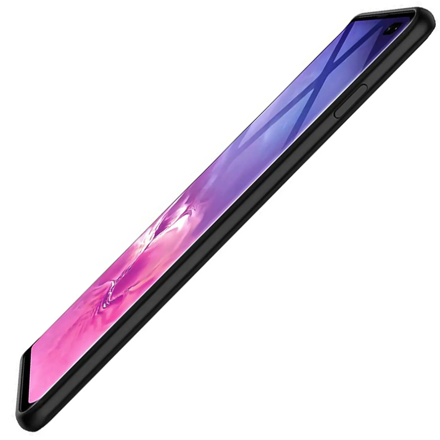 Schwarze Silikonhülle um ein Samsung Galaxy S10 Plus, von schräg oben fotografiert.