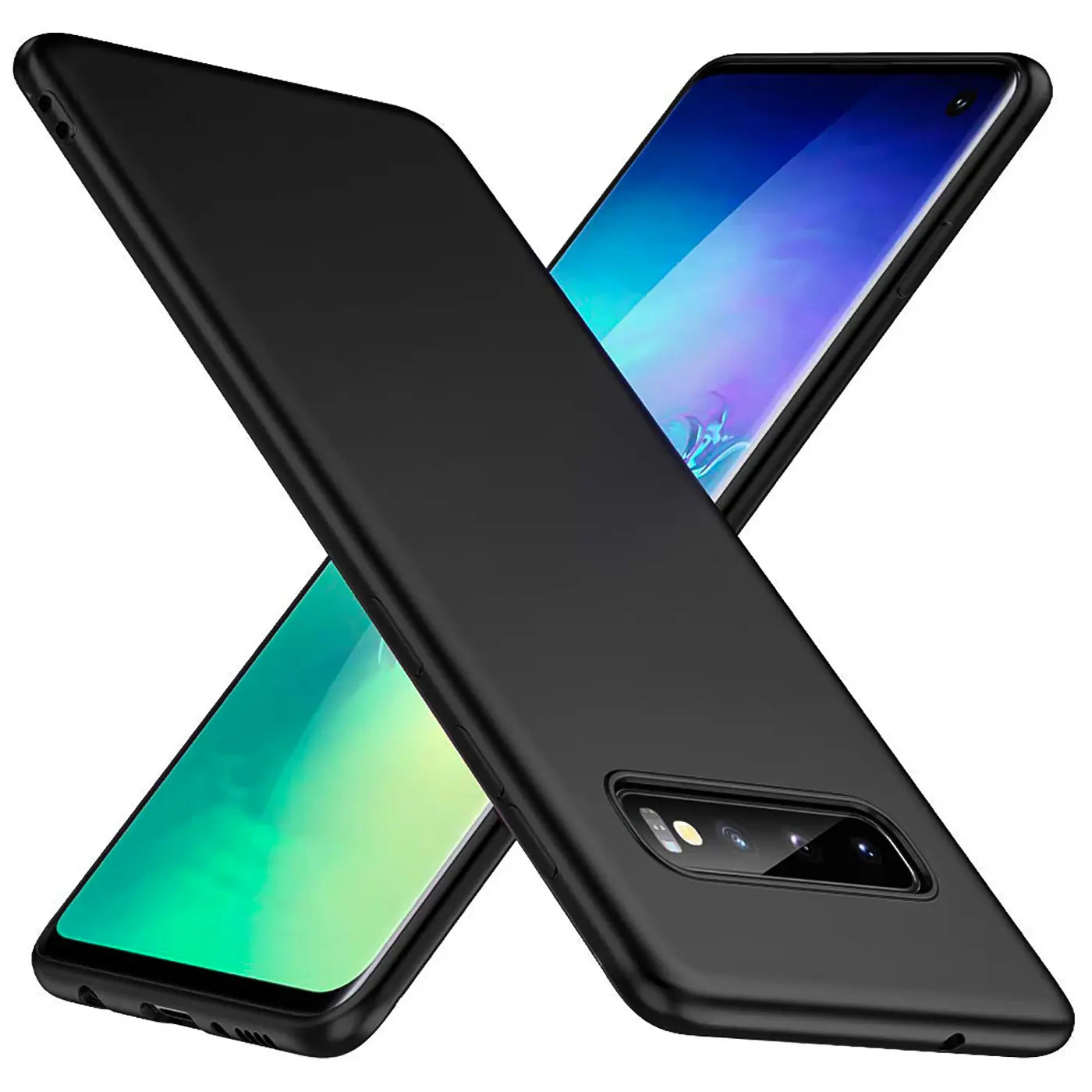 Schwarze Silikonhülle auf Samsung Galaxy S10, von schräg oben