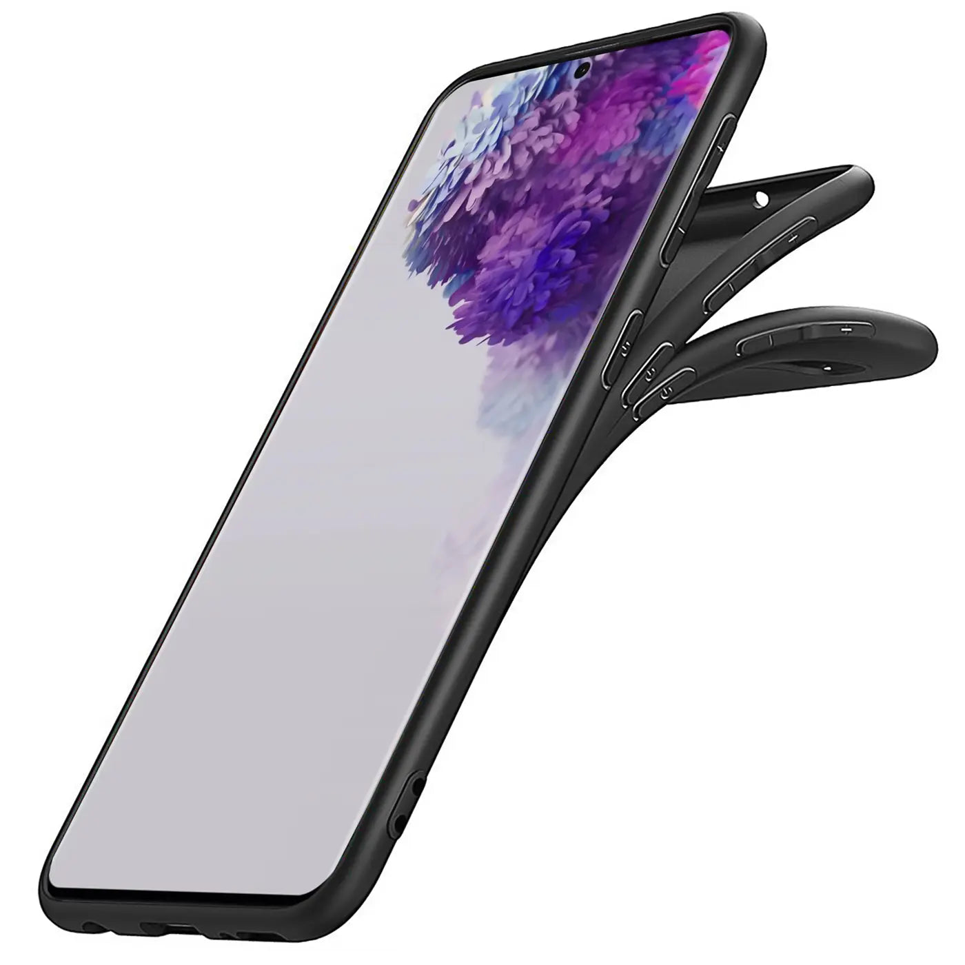 Schwarze Silikonhülle, matt, seitliche Ansicht, auf Samsung Galaxy S20 Plus