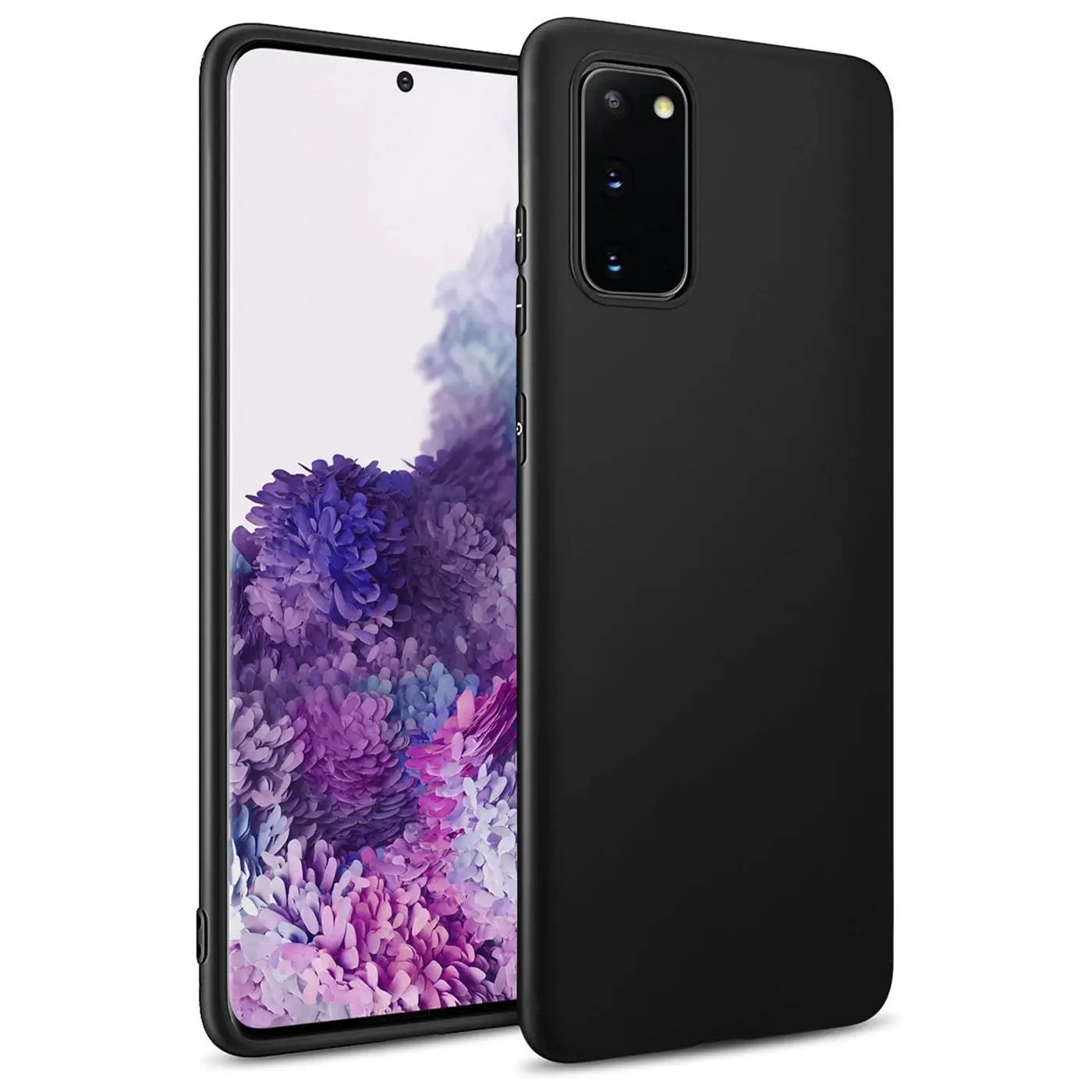 Schwarze Silikonhülle matt, von vorne links, auf Samsung Galaxy S20