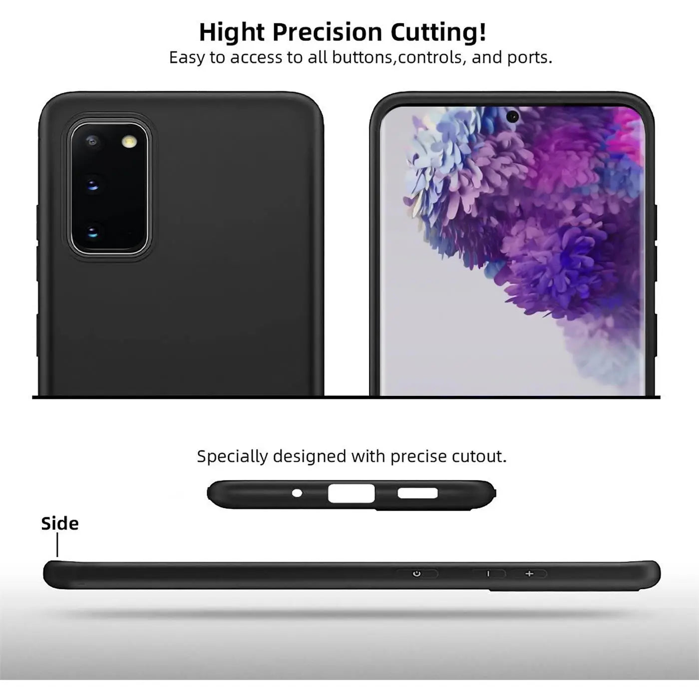 Schwarze Silikonhülle für Samsung Galaxy S20, Rück- und Vorderansicht, Seitenansicht.