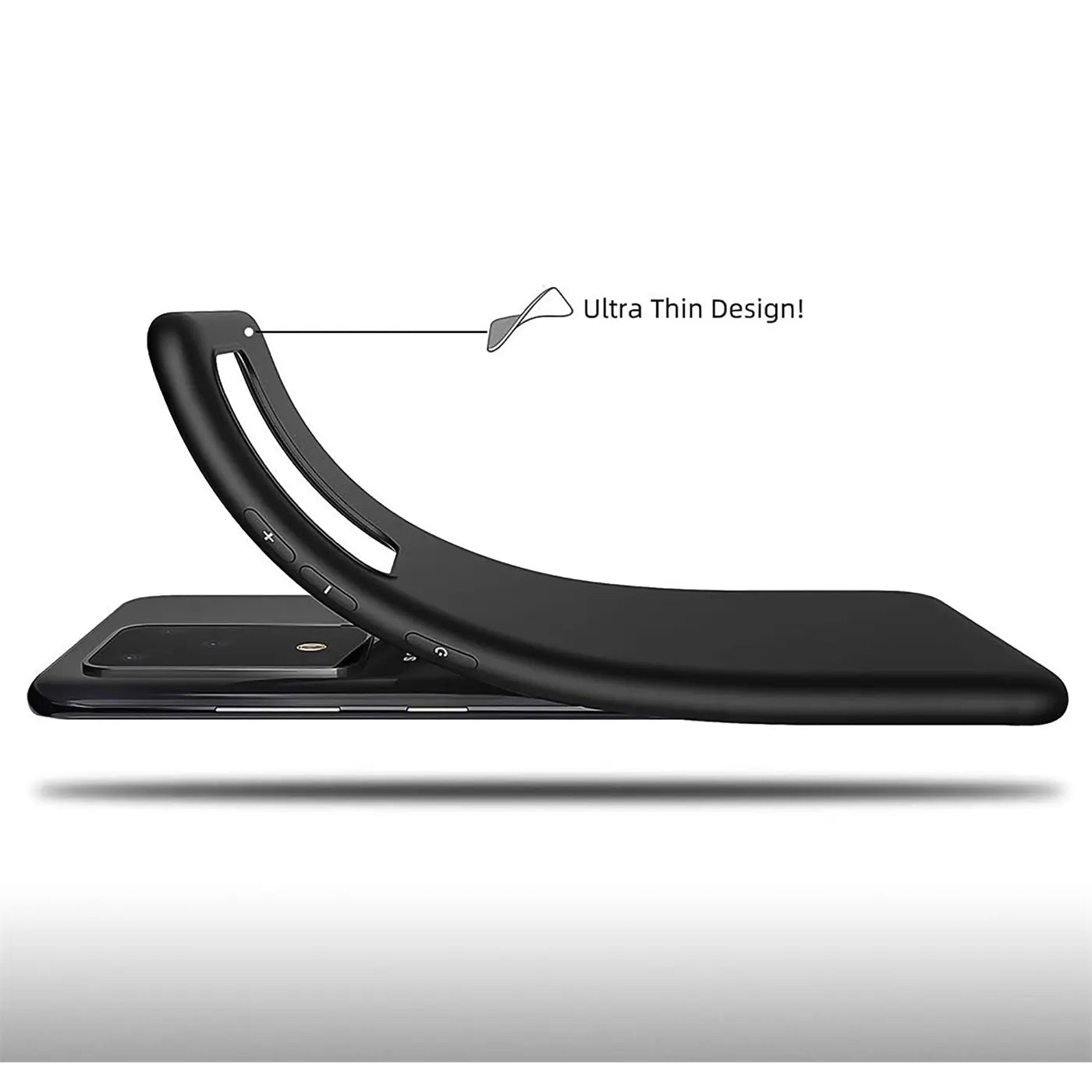 Schwarze, matte Silikonhülle, seitliche Ansicht, auf Samsung Galaxy S20 Ultra liegend.