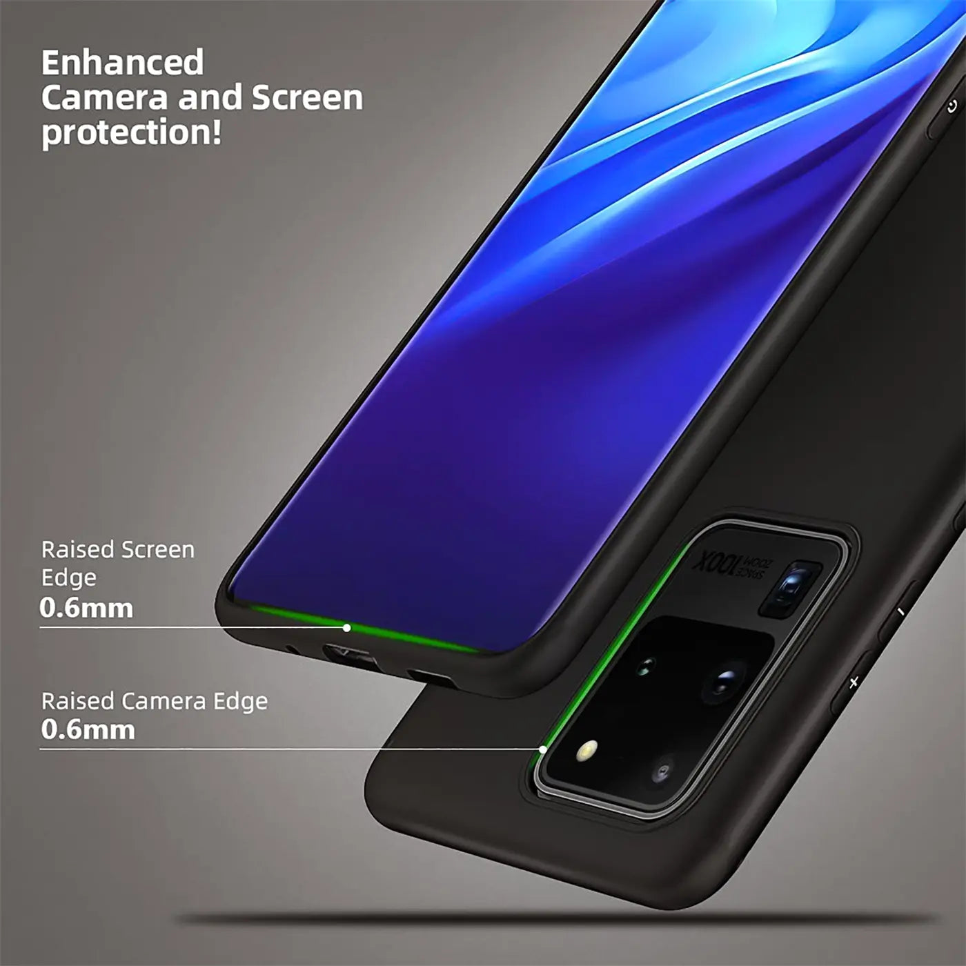 Schwarze Silikonhülle für Samsung Galaxy S20 Ultra, von schräg oben, mit erhöhten Kanten.
