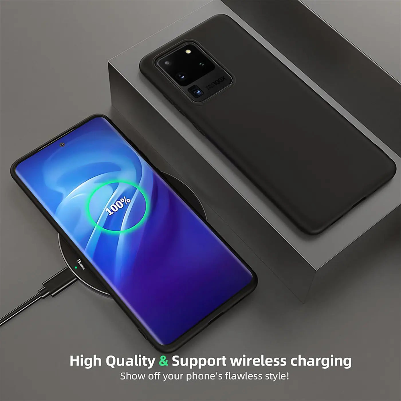 Schwarze Silikonhülle für Samsung S20 Ultra, von oben, mit Handy auf Ladestation