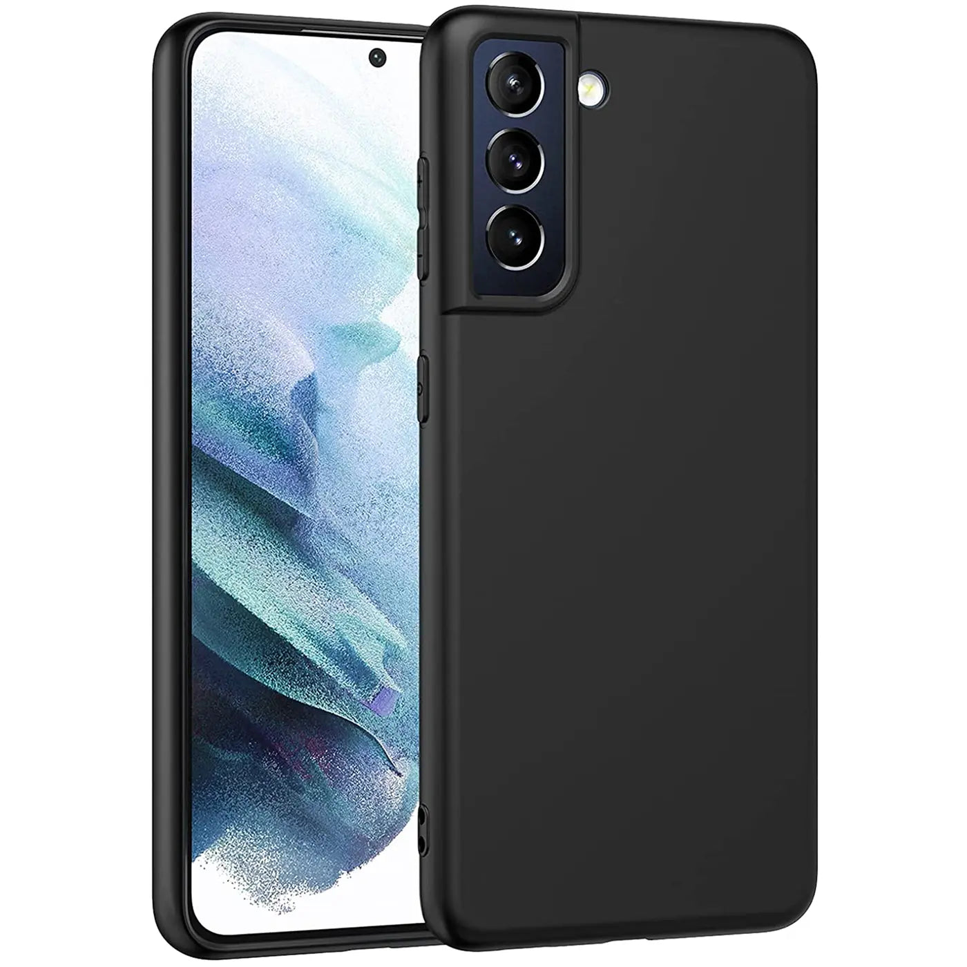 Schwarze Silikonhülle matt, von schräg vorne, zeigt Samsung Galaxy S21 FE mit Kamera.