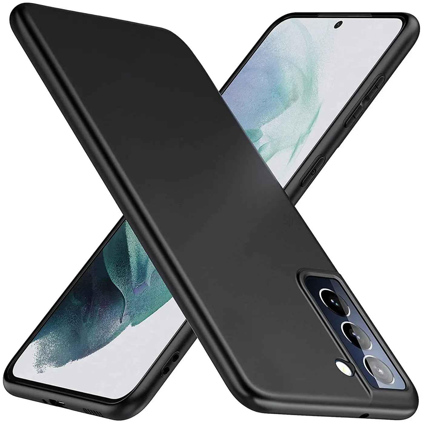 Schwarze Silikonhülle auf Samsung S21 FE, von schräg oben, Rückseite sichtbar.