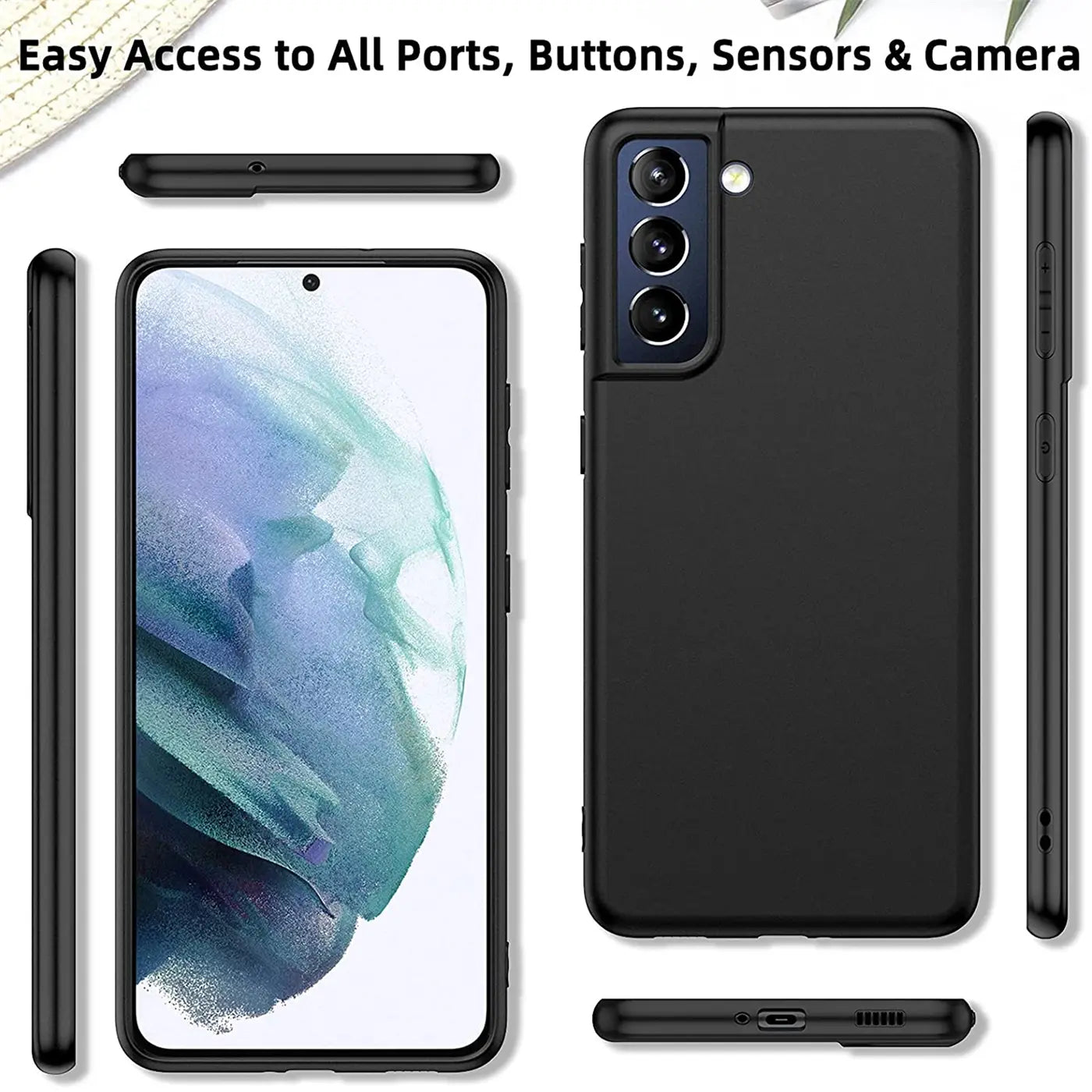 Schwarze Silikonhülle für Samsung S21 FE, verschiedene Ansichten, matt