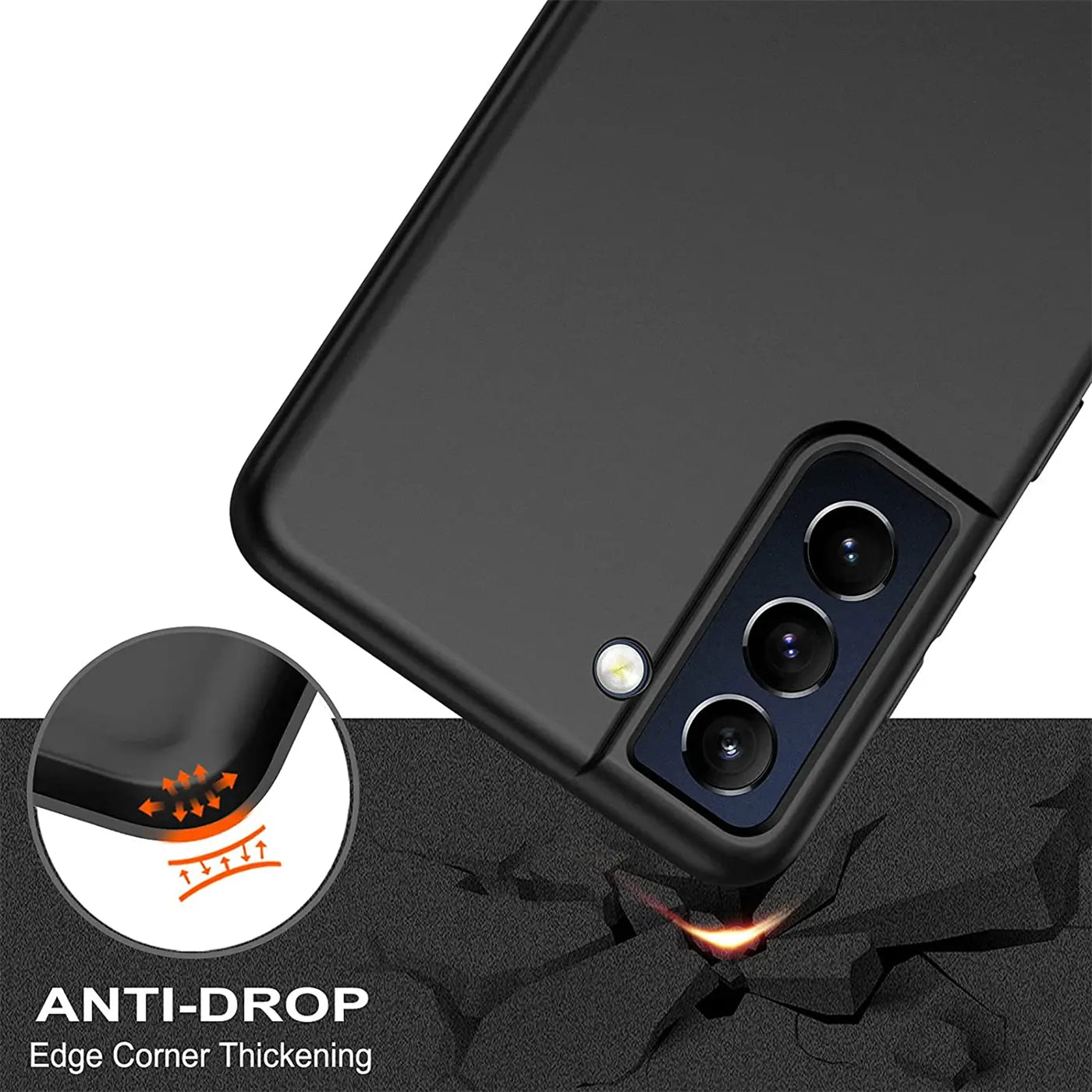 Schwarze Silikonhülle auf Samsung S21 FE, Nahaufnahme, Rückseite mit Kamera, Stoßschutz-Detail.