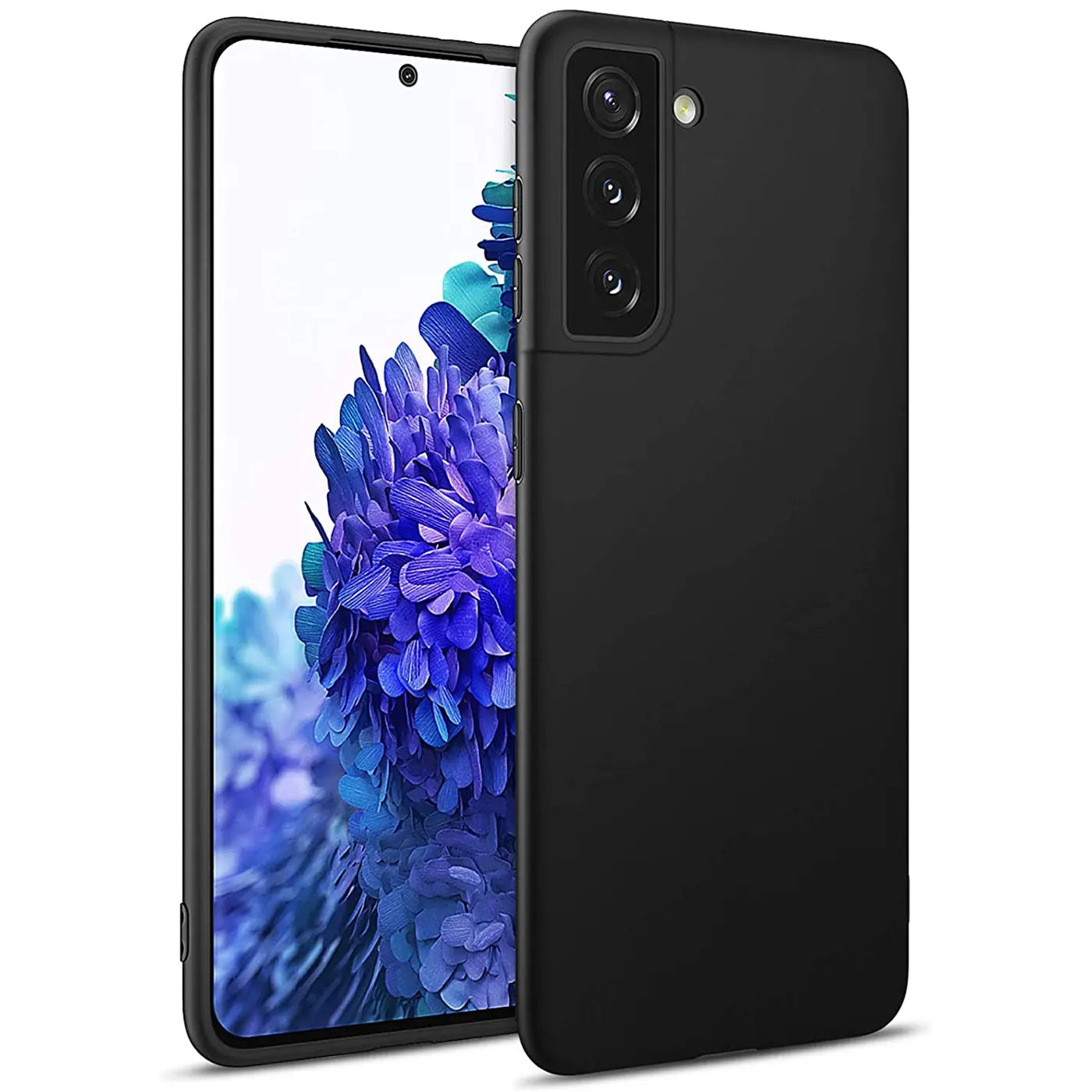 Schwarze Silikonhülle auf Samsung Galaxy S21 Plus, Rückansicht, matt