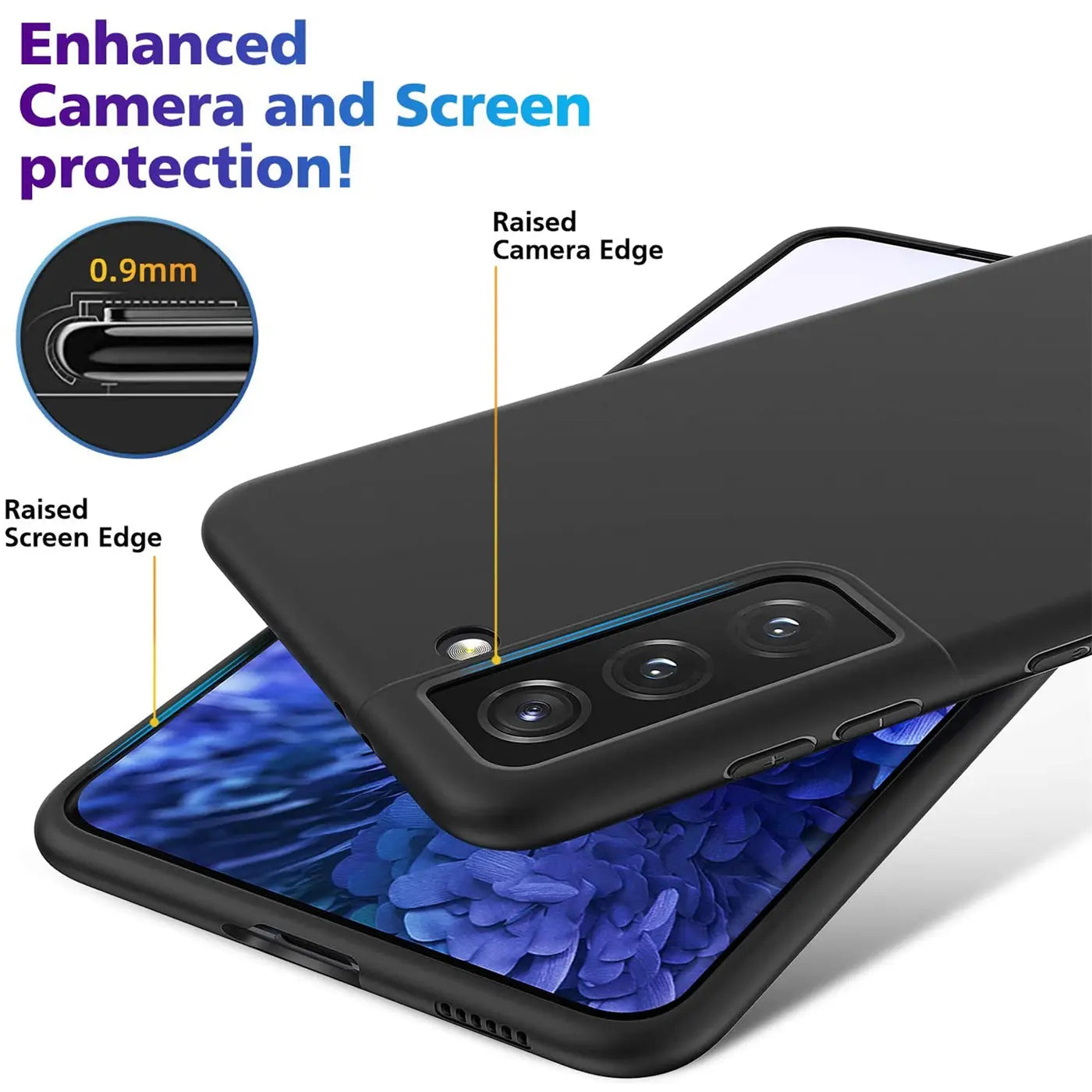 Schwarze Silikonhülle auf Samsung Galaxy S21 Plus, Rückansicht, erhöhte Kanten.
