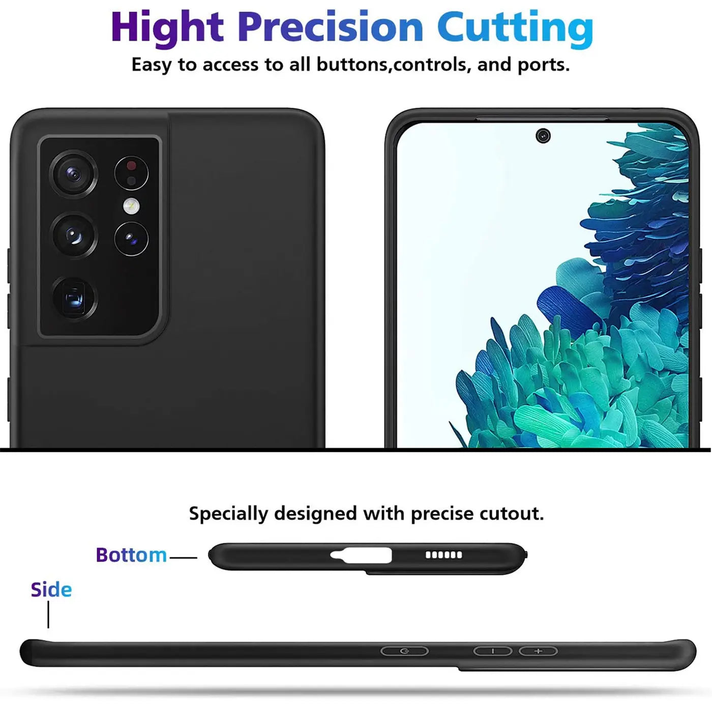 Schwarze Silikonhülle für Samsung S21 Ultra, Rückseite, Vorderseite, Unterseite, Seite.