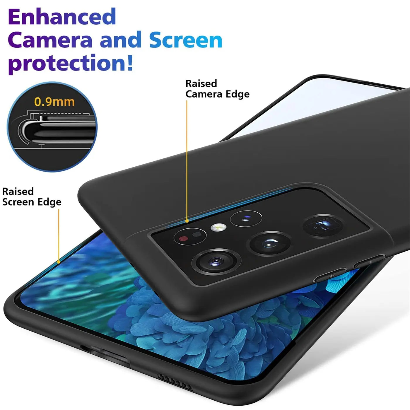 Schwarze Silikonhülle für Samsung Galaxy S21 Ultra, matt, Nahaufnahme, Rückansicht