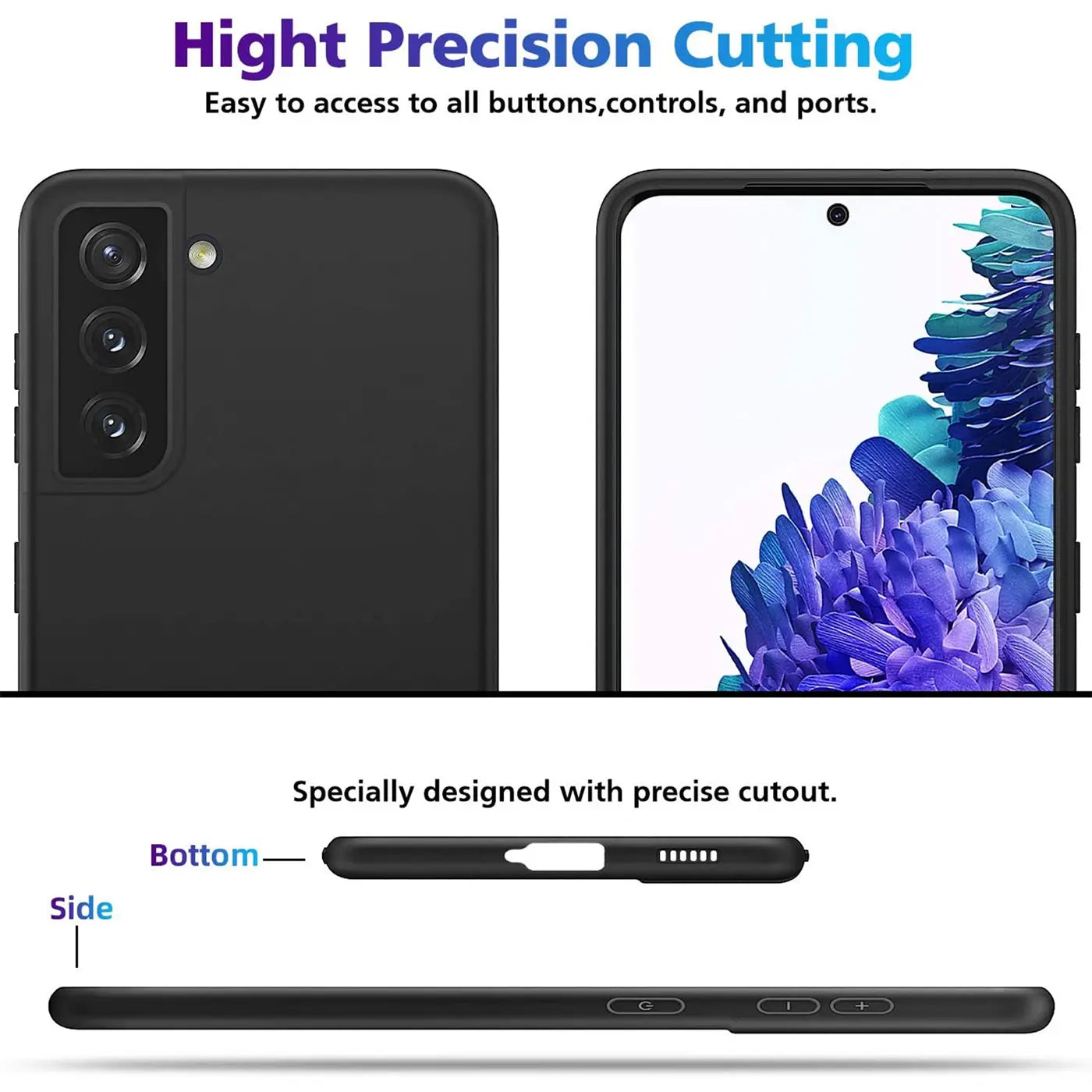 Schwarze Silikonhülle für Samsung Galaxy S22 Plus, Rückseite & Vorderseite, Seitenansicht.