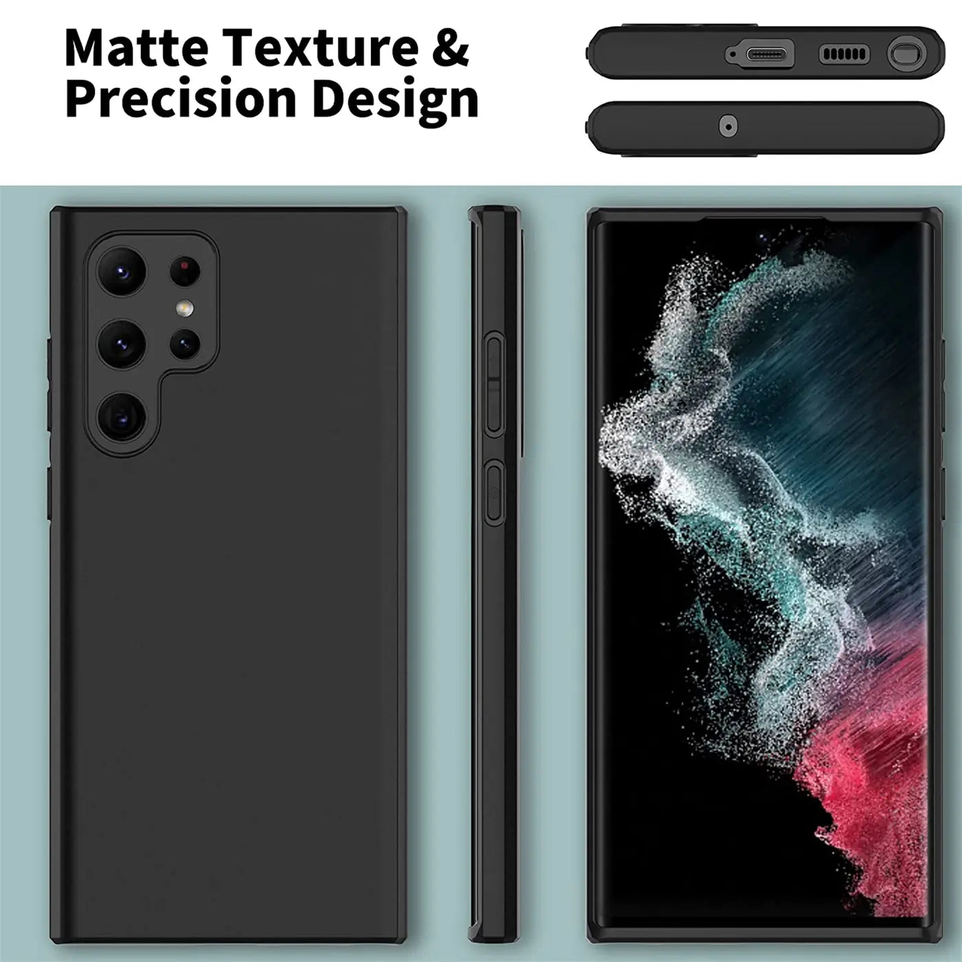 Schwarze Silikonhülle, Rückseite, Seite & Vorderseite mit Samsung S22 Ultra.