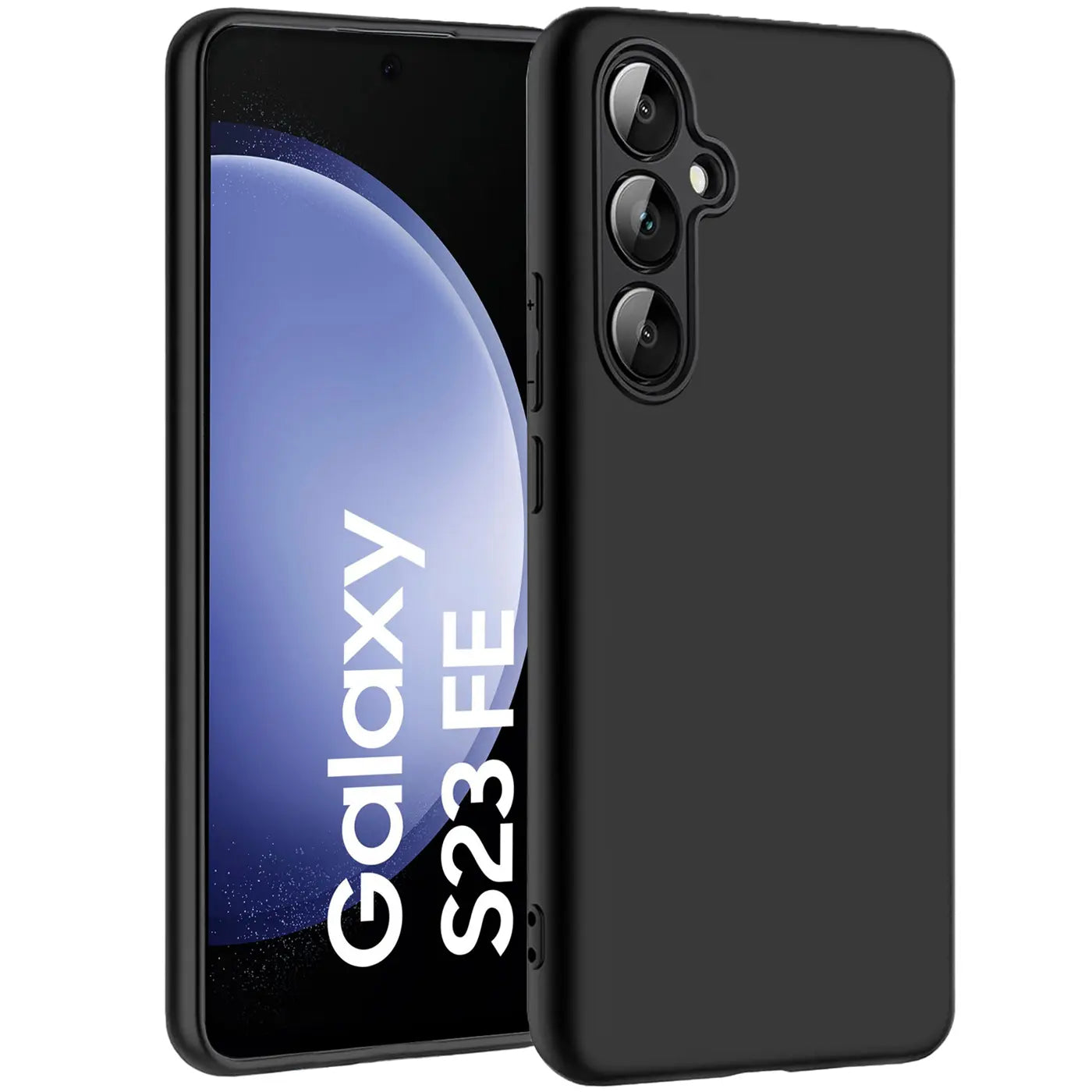 Schwarze Silikonhülle auf einem Samsung Galaxy S23 FE, von vorne links.