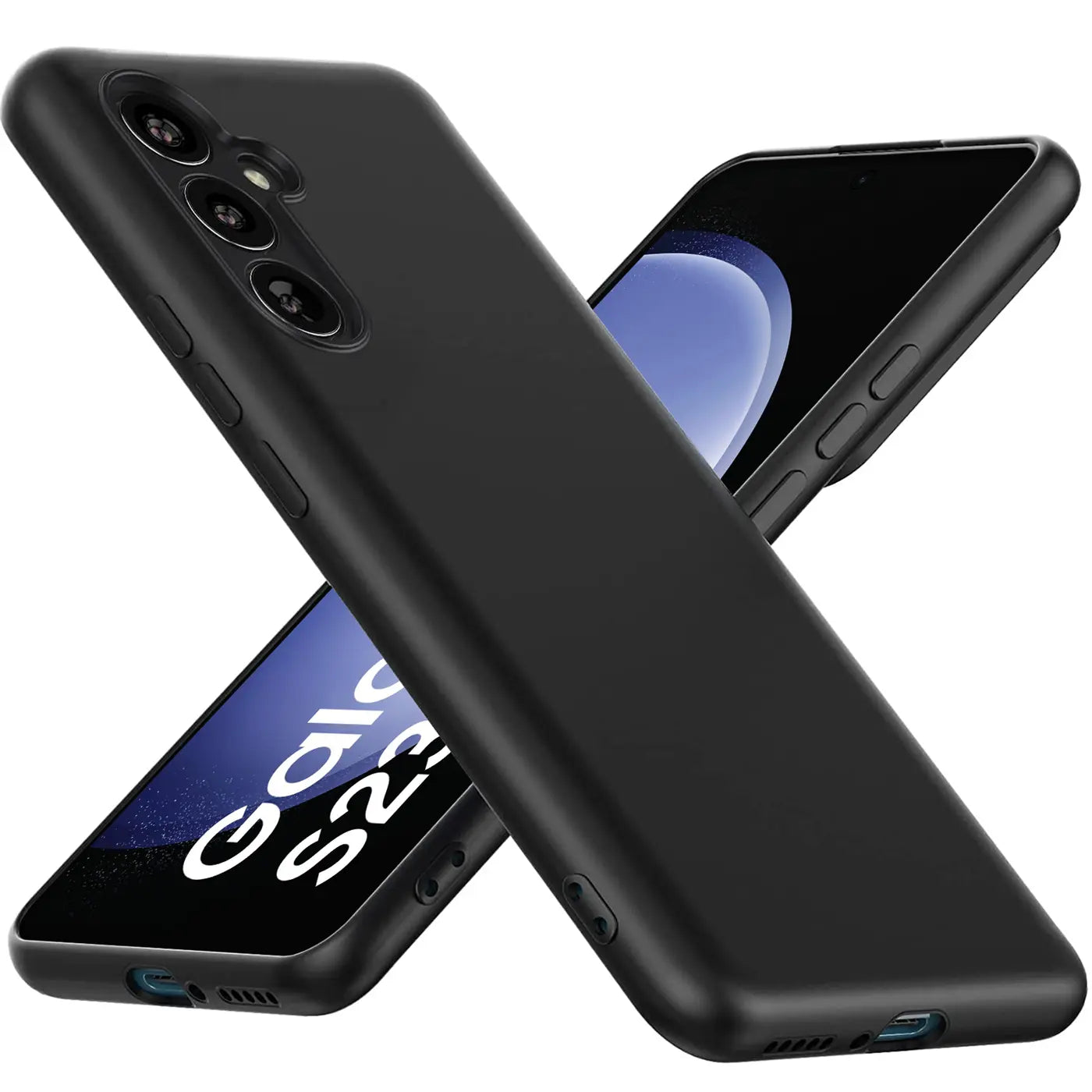 Schwarze Silikonhülle für Samsung Galaxy S23 FE, matt, von vorne links gesehen.