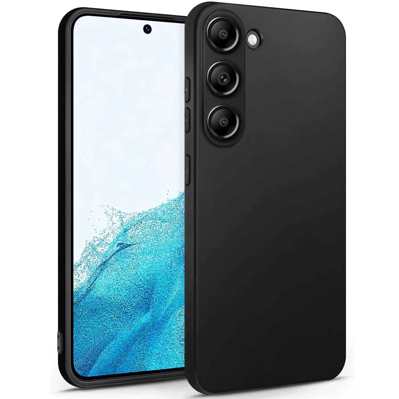 Schwarze Silikonhülle für Samsung Galaxy S23 Plus, von vorne links, matt
