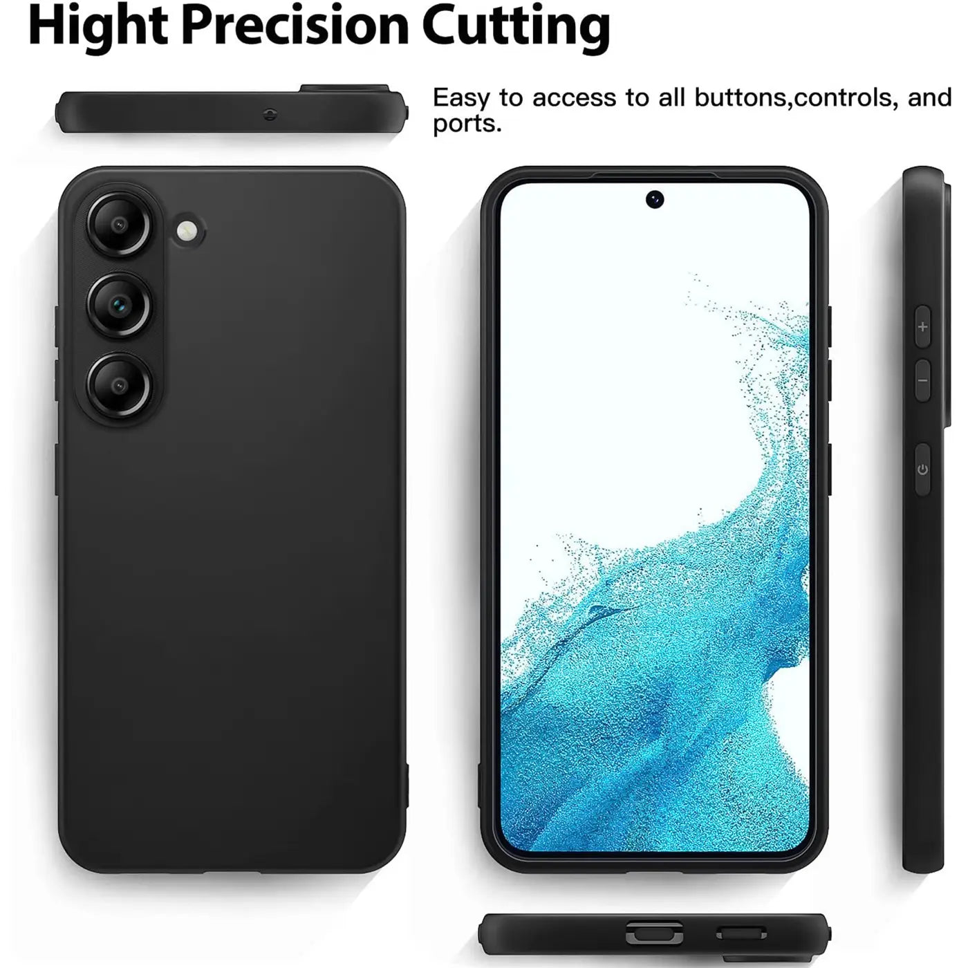 Schwarze Silikonhülle für Samsung Galaxy S23 Plus, Rückansicht, Seitenansicht, Vorderansicht.