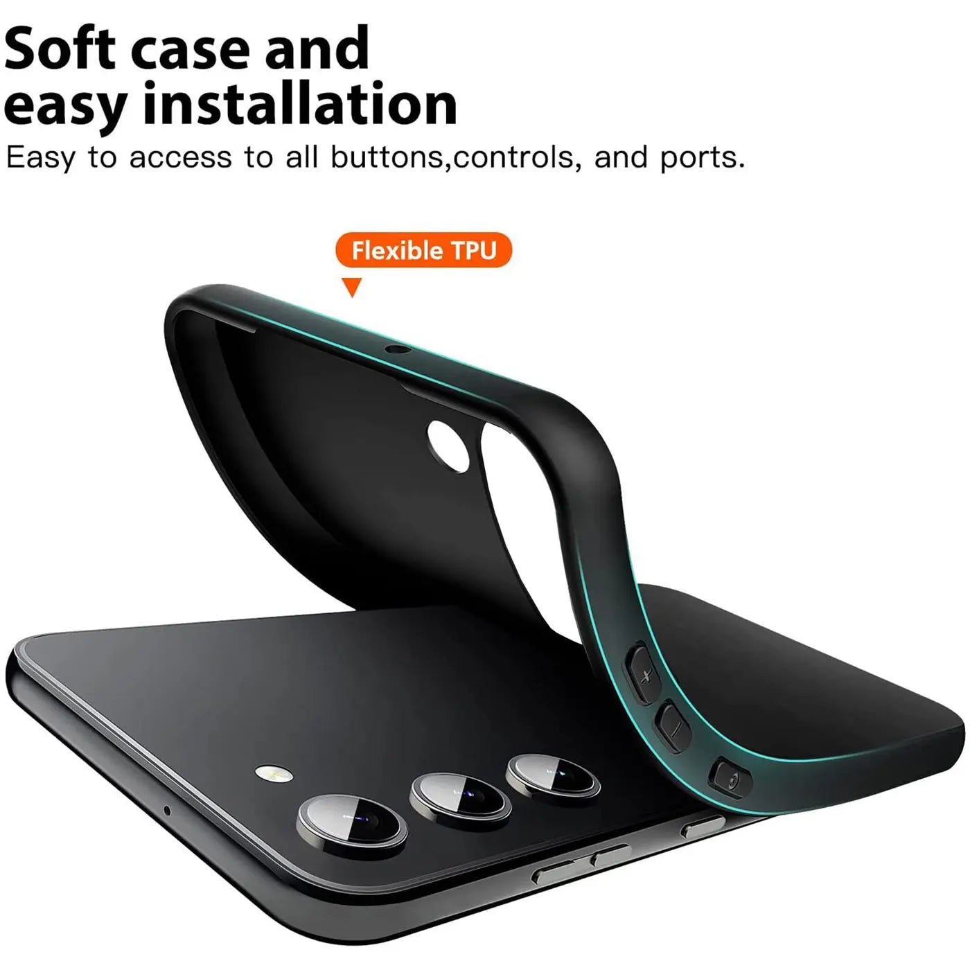 Schwarze Silikonhülle, von schräg oben, auf Samsung Galaxy S23 Plus