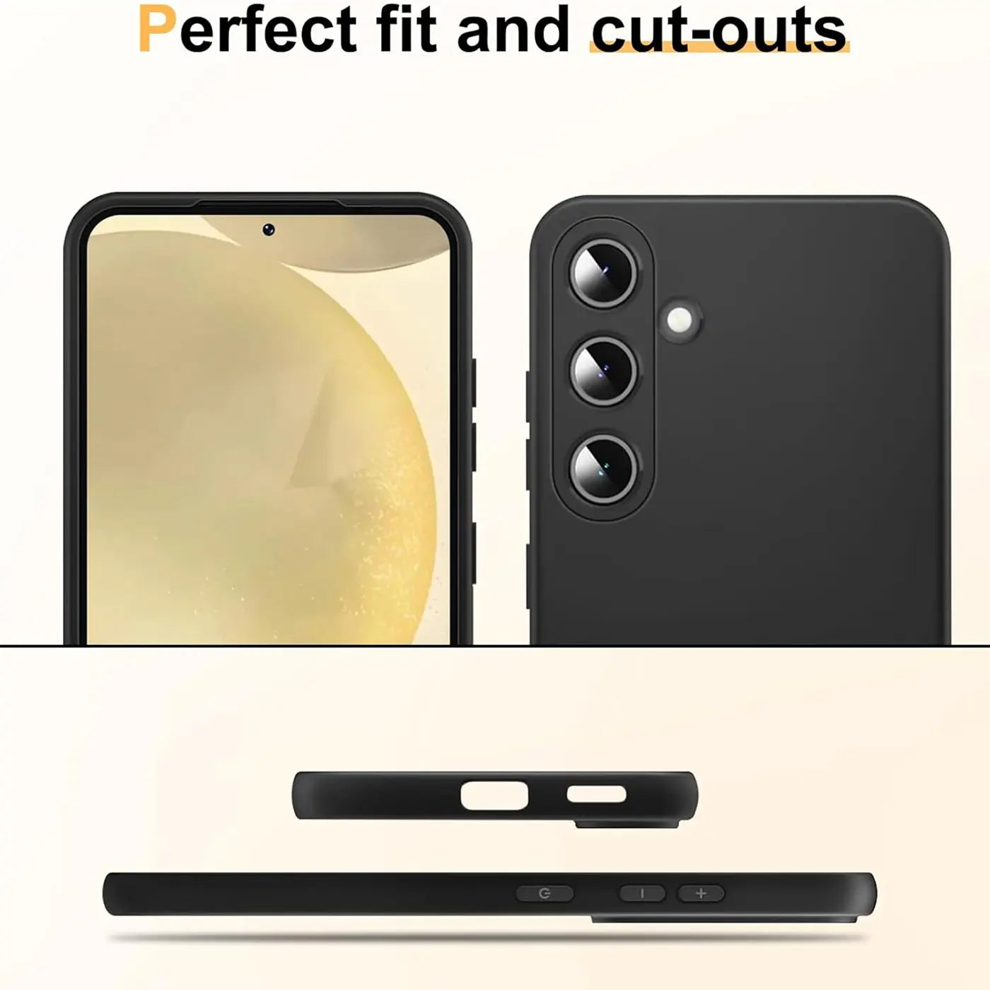 Schwarze Silikonhülle für Samsung Galaxy S24 FE, von vorne und hinten gezeigt.