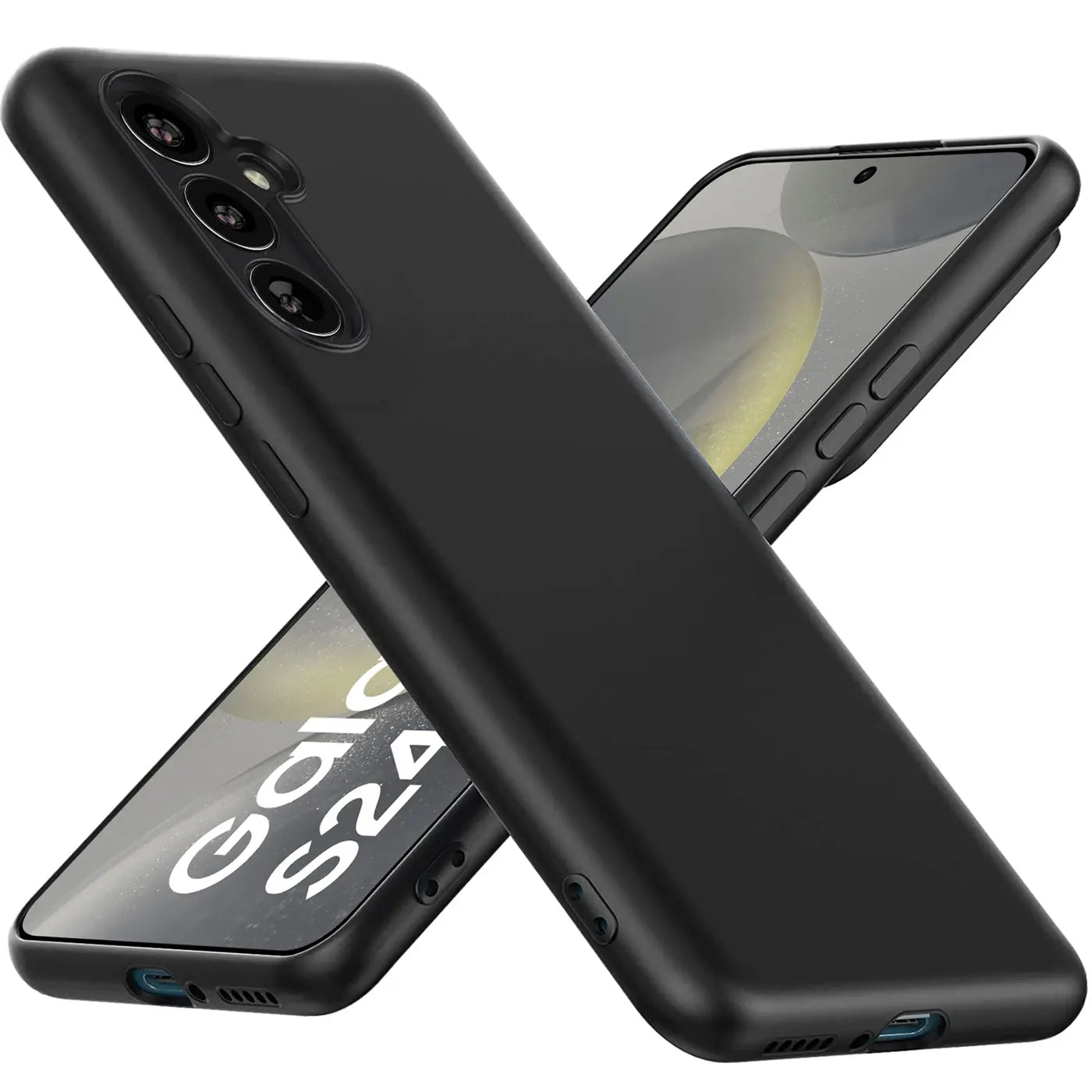 Schwarze Silikonhülle matt, schräg von oben, auf Samsung Galaxy S24 Plus