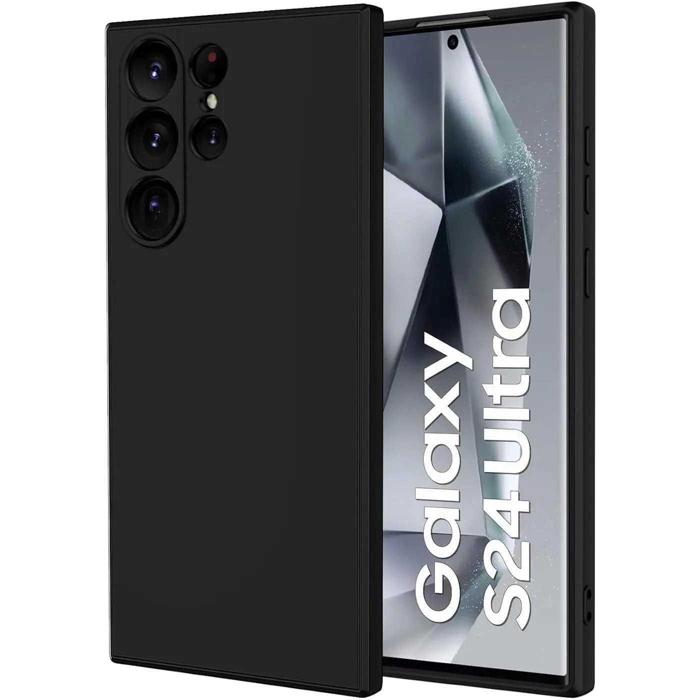 Schwarze Silikonhülle, matt, von vorne links, mit Samsung Galaxy S24 Ultra